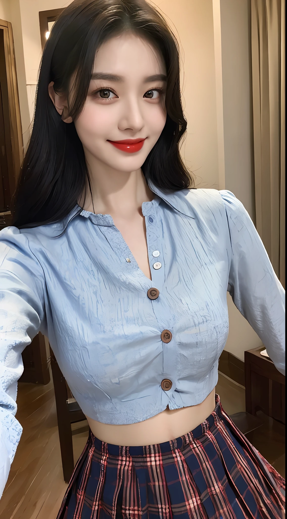 high detal，8K分辨率，超高分辨率，Best image quality，a beauty girl，lipsticks，Love pupils，Peerless beauty，Messy black straight hair，shoulder-length short hair，（Coiled hair）Smooth hair，Intense and beautiful makeup，Exquisite and perfect facial features，the most beautiful big eyes，Be red in the face，Sweet smile，（Wearing a blue lace shirt with buttons，tiese ，Plaid pleated skirt）Open navel，Thin waist，（Full breasts）Get close to the viewer，dynamic angle，Extreme picture quality，Highest accuracy