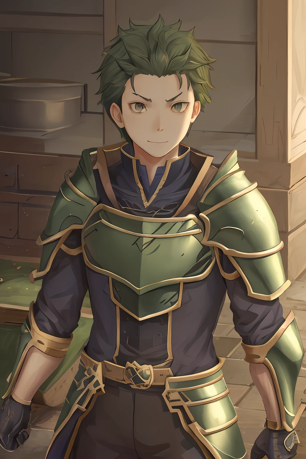 （1 Adult male），A high resolution， Sharp focus， Pixiv masterpiece， （（Complicated details））， highly  detailed， natsuki_subaru， 1 man， ssmile，full bodyesbian， greene eyes（eyes glowing）， Green short bob hair，Armour，cloaks，Shoulder armor，perspire，look from down