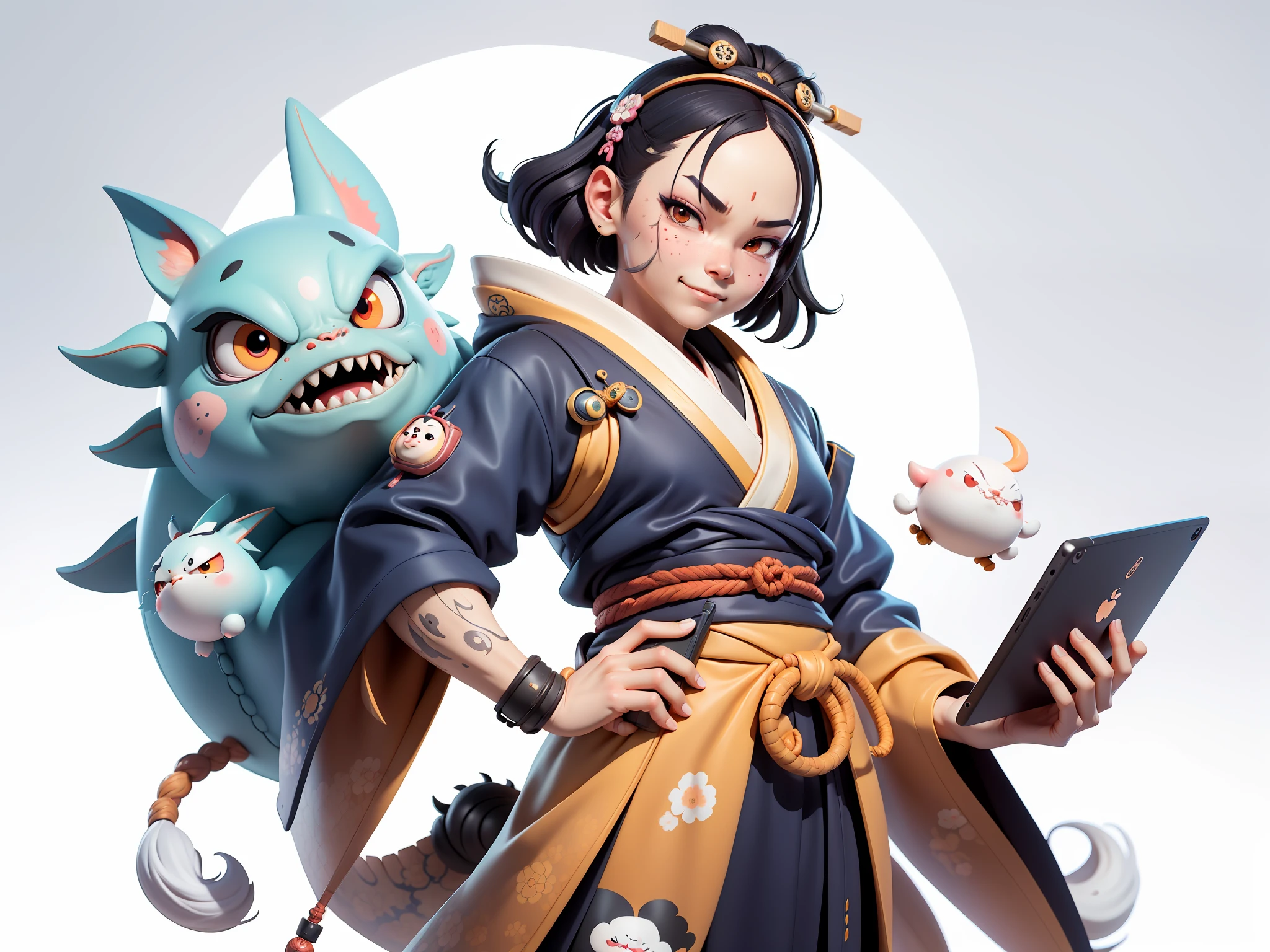 (Daisaku),(Need),(Super meticulous),(full bodyesbian:1.2),Japanese ukiyo-e girl，japanese geisha，Beautiful，Oriental dragon，Aeolian Thor，Raised sexy，爆乳，Oriental face，TV Anchor，Bust portrait illustration，Alone，In black suit，a blue tie，The face is slightly chubby，The face was clean，without a beard，Black super short hair，Black eyes，Smile confidently，3C computer sub-products，iPad， iphone，Digital painting，3D character design by Mark Clairen and Pixar and Hayao Miyazaki and Akira Toriyama，The illustration is a high-definition illustration in 4K resolution，With very detailed facial features and cartoon-style visuals。