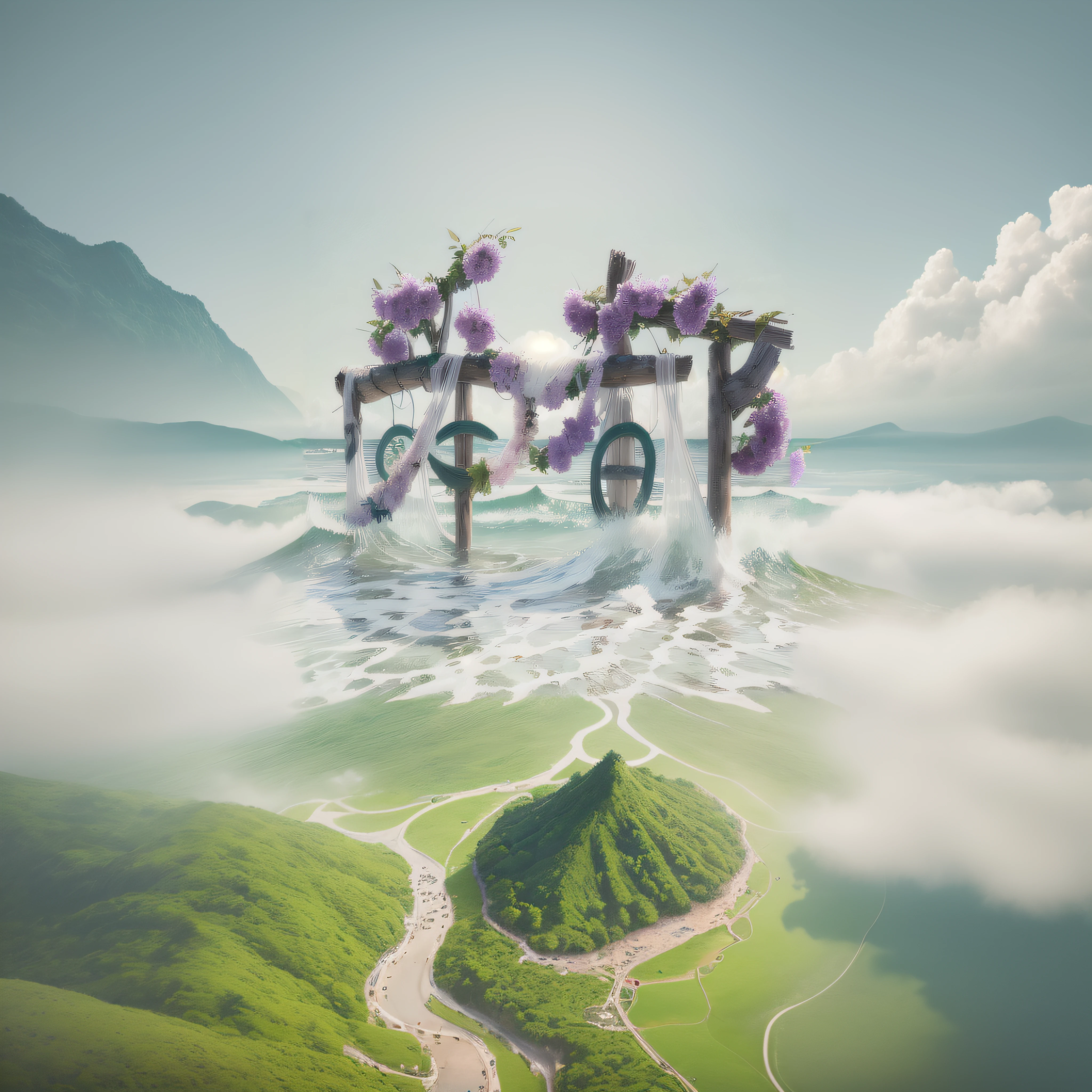 Bird's-eye view, aerial view, (Flower Sea,1.2), Green mountains, streams, flowers everywhere,masterpiece photo,high-definition, reality, 4K