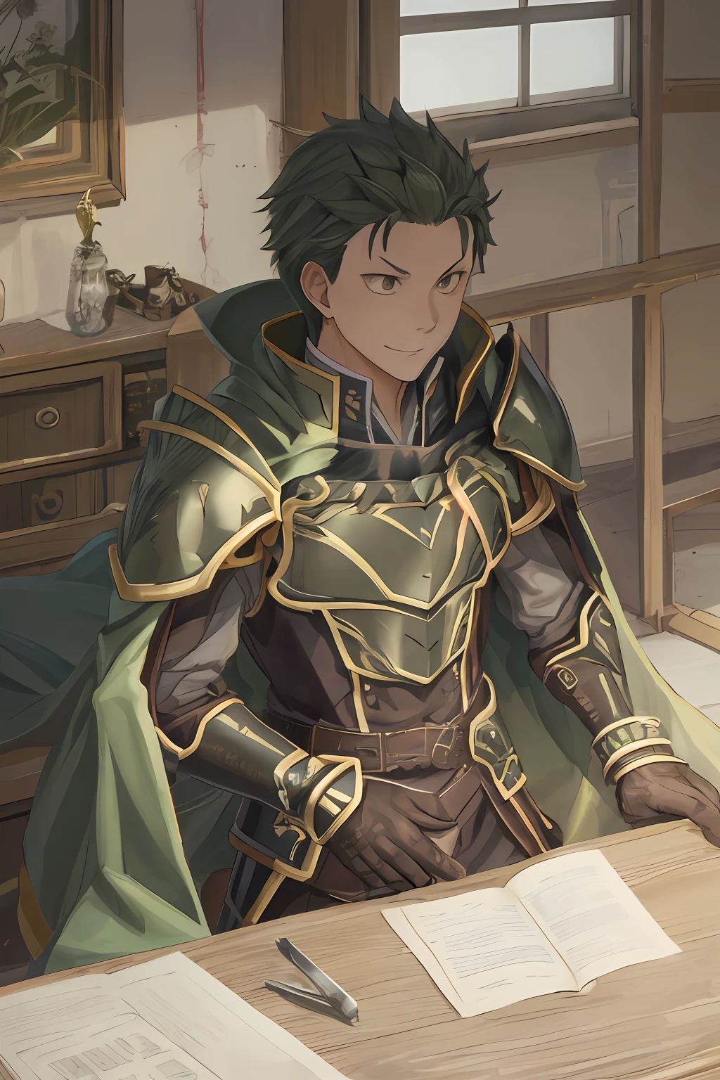 （1 Adult male），A high resolution， Sharp focus， Pixiv masterpiece， （（Complicated details））， highly  detailed， natsuki_subaru， 1 man， ssmile，full bodyesbian， greene eyes（eyes glowing）， Green short bob hair，Armour，cloaks，Shoulder armor，perspire，look from down