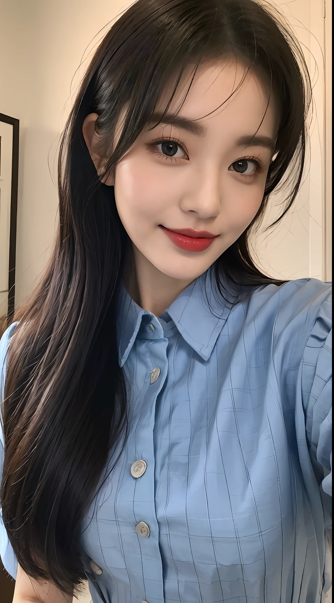 high detal，8K分辨率，超高分辨率，Best image quality，a beauty girl，lipsticks，Love pupils，Peerless beauty，Messy black straight hair，shoulder-length short hair，（Coiled hair）Smooth hair，Intense and beautiful makeup，Exquisite and perfect facial features，the most beautiful big eyes，Be red in the face，Sweet smile，（Wearing a blue lace shirt with buttons，tiese ，Plaid pleated skirt）Open navel，Thin waist，（Full breasts）Get close to the viewer，dynamic angle，Extreme picture quality，Highest accuracy