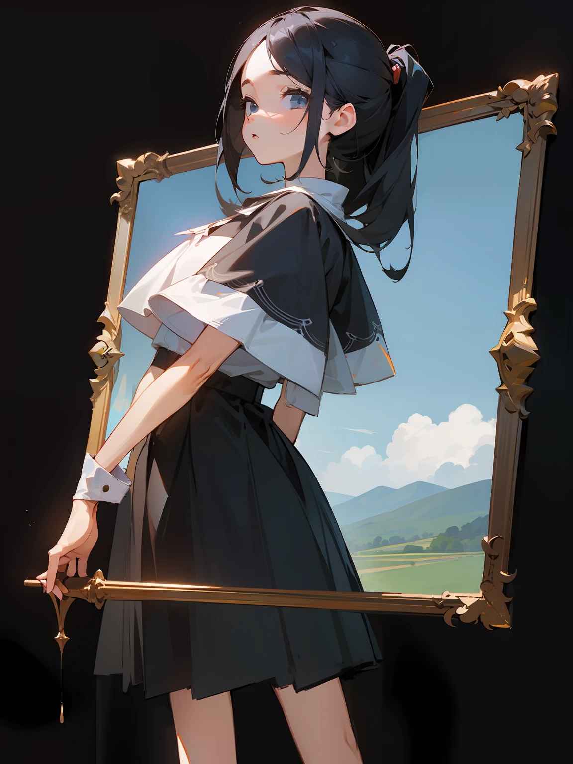 Cartoon frame about half the size of the image、The character of the girl is larger than that frame、is standing、Black background、Protruding frame、cowboy  shot、