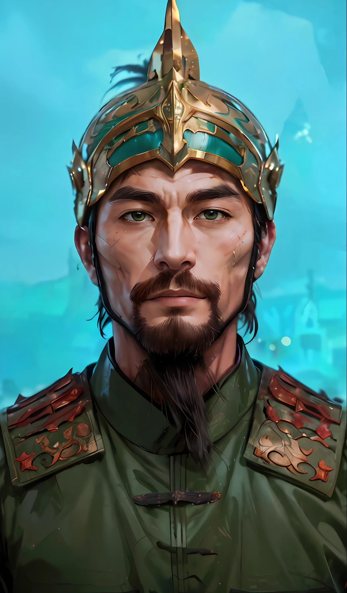 Batman from The Dark Knight stands majestically in a Gothic lost city。Moonlight highlights your muscles and scars。The scenery is lush,mistic,With futuristic technology and surroundings。The footage recorded everything in detail,A fighter,in front of him。Ancient Chinese soldiers,Ancient Chinese men,wearing her helmet,Dazzling armor