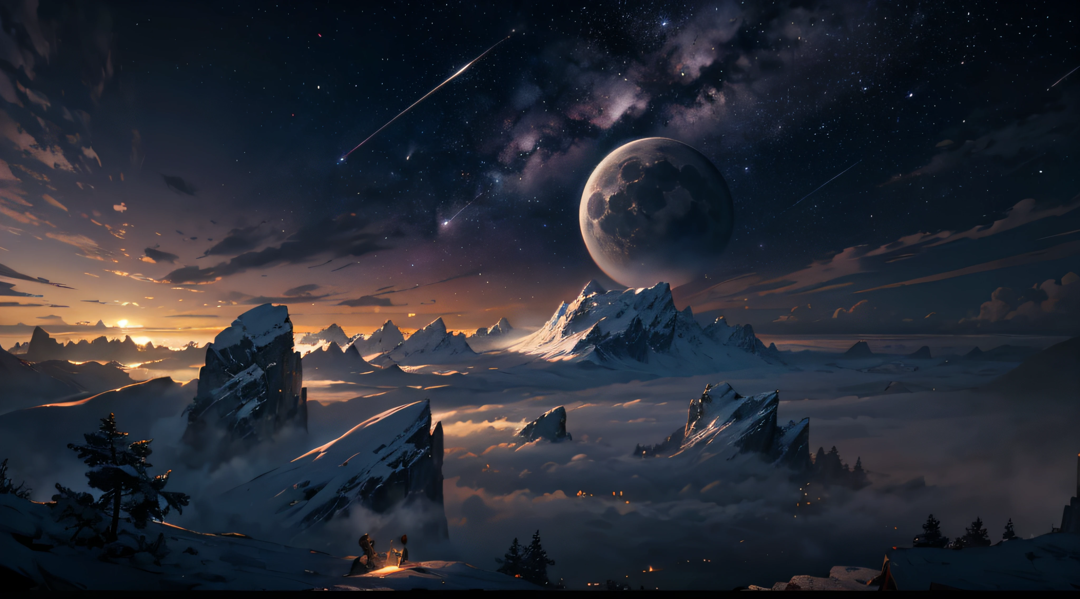 Expansive landscape photograph,(moon full:1.2),(meteors:0.9),(Starcloud:1.3),(Warm light source:1.2),(glowworm:1.2),lamp lights,Lots of purple and orange,Complicated details,Volumetriclighting,Realism BREAK(tmasterpiece:1.2),(best qualtiy),8K,Ultra-detailed,(dynamic compositions:1.4),The is very detailed,Colorful details,(Irridescent color:1.2),(luminouslighting,Atmospheric lighting),dream magical,magical,(独奏:1.2),((best qualtiy)), ((tmasterpiece)), (the detail:1.4),depth of fields,maximum definition and sharpness,perfectly proportions,Fluttering clouds,Wallpapers