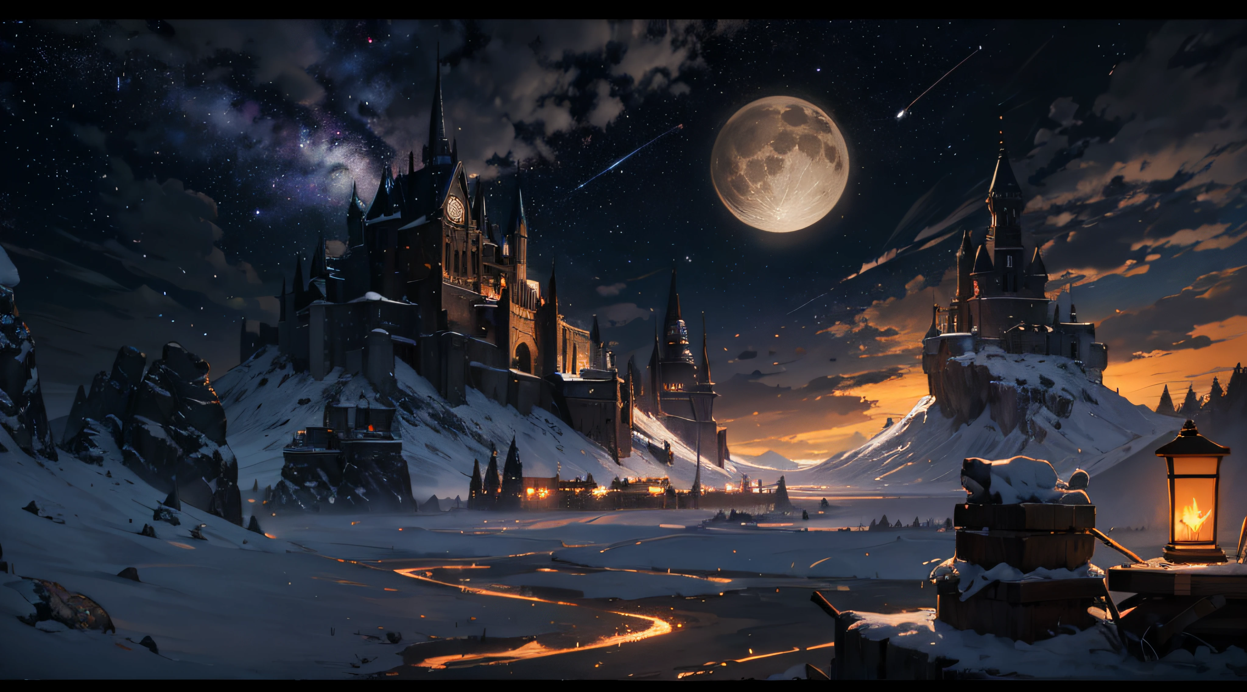Expansive landscape photograph,(moon full:1.2),(meteors:0.9),(Starcloud:1.3),(Warm light source:1.2),(glowworm:1.2),lamp lights,Lots of purple and orange,Complicated details,Volumetriclighting,Realism BREAK(tmasterpiece:1.2),(best qualtiy),8K,Ultra-detailed,(dynamic compositions:1.4),The is very detailed,Colorful details,(Irridescent color:1.2),(luminouslighting,Atmospheric lighting),dream magical,magical,(独奏:1.2),((best qualtiy)), ((tmasterpiece)), (the detail:1.4),depth of fields,maximum definition and sharpness,perfectly proportions,Fluttering clouds,Wallpapers