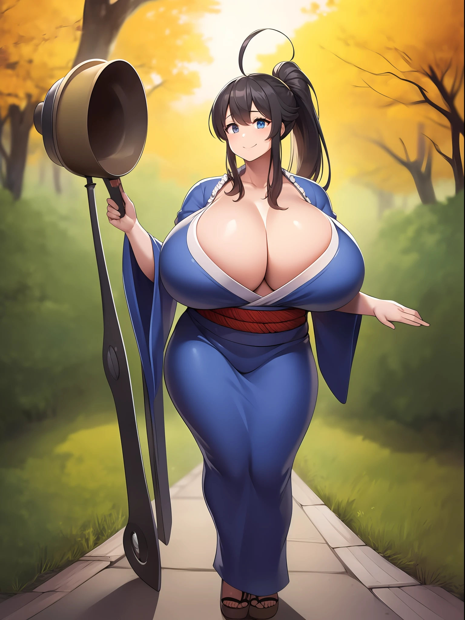 Super huge　Super huge　Super Giant Chest、A dark-haired、Ahoge,Single Blade Ponytail、top-quality、Beautuful Women、Beautiful Kyoto background、Beautiful gramophone、Smile、