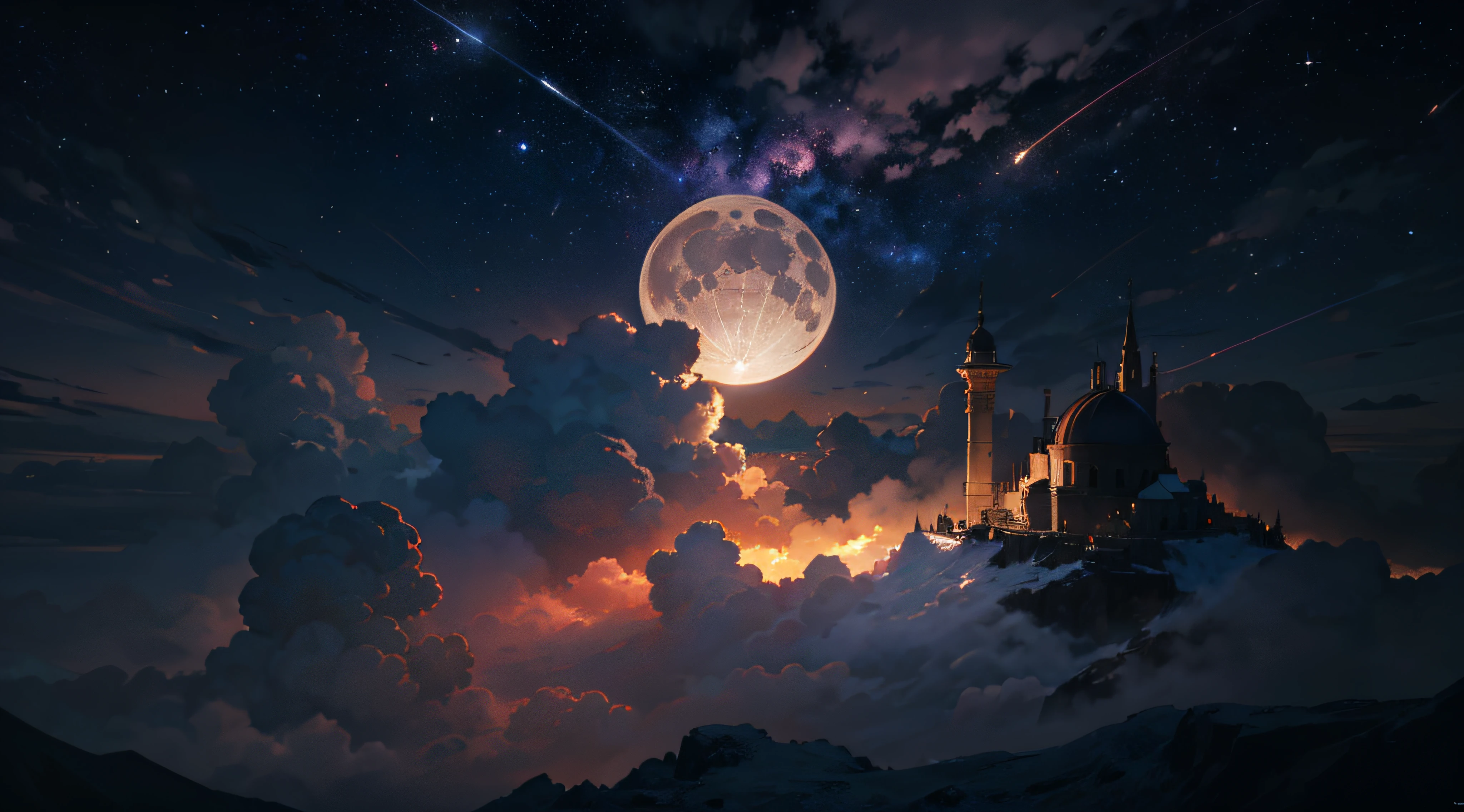 Expansive landscape photograph，（moon full：1.2），（meteors：0.9），（Starcloud：1.3），（Warm light source：1.2），（glowworm：1.2），lamp lights，Lots of purple and orange，Complicated details，Volumetriclighting，Realism BREAK（tmasterpiece：1.2），（best qualtiy），8K，Ultra-detailed，（dynamic compositions：1.4），The is very detailed，Colorful details，（Irridescent color：1.2），（luminouslighting，Atmospheric lighting），dream magical，magical，（独奏：1.2），（（best qualtiy））， （（tmasterpiece））， （the detail：1.4），depth of fields，maximum definition and sharpness，perfectly proportions，Fluttering clouds，Wallpapers