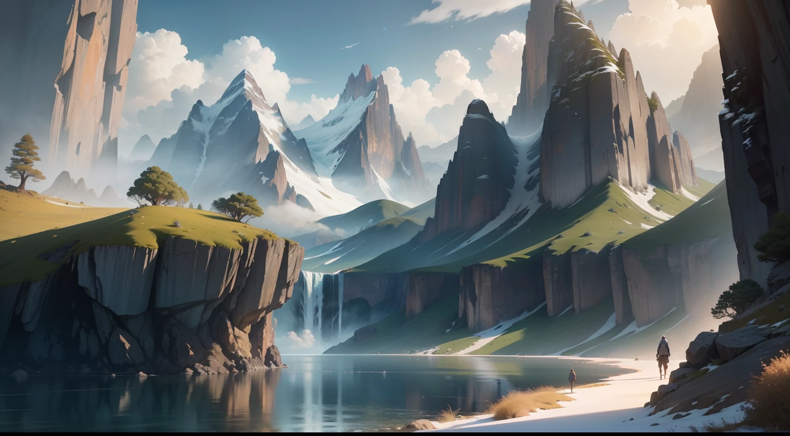 Masterpiece, best quality, high quality, extremely detailed CG unity 8k wallpaper, landscape, outdoor, sky, cloud, sky, no humans, mountain, landscape, water, tree, blue sky, waterfall, cliff, nature, lake, river , cloudy skies, award winning photography, bokeh, depth of field, HDR, bloom, chromatic aberration, photorealism, very detailed, trending on artstation, trending on CGsociety, intricate, high detail, dramatic, midjourney art