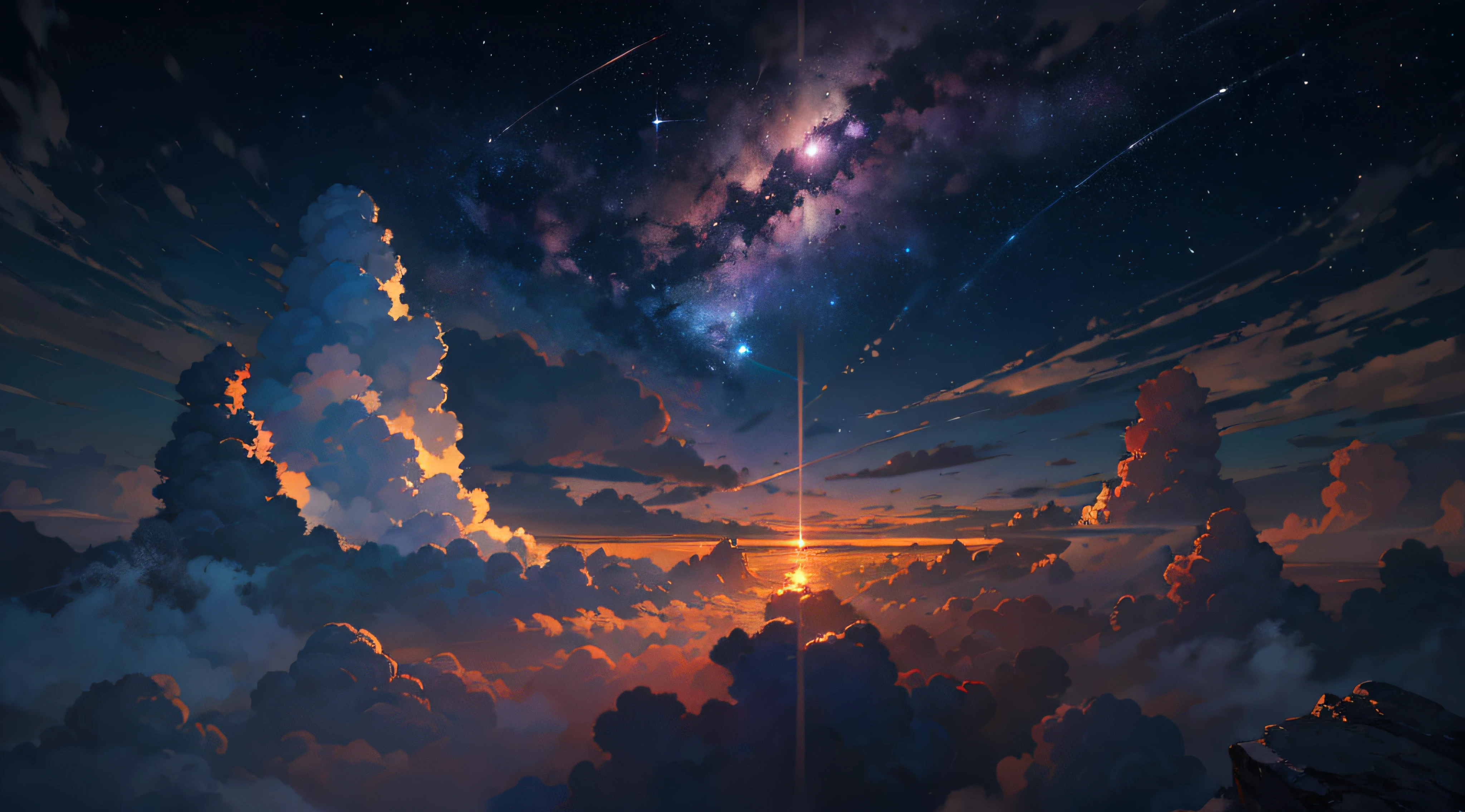 Expansive landscape photograph，（moon full：1.2），（meteors：0.9），（Starcloud：1.3），（Warm light source：1.2），（glowworm：1.2），lamp lights，Lots of purple and orange，Complicated details，Volumetriclighting，Realism BREAK（tmasterpiece：1.2），（best qualtiy），8K，Ultra-detailed，（dynamic compositions：1.4），The is very detailed，Colorful details，（Irridescent color：1.2），（luminouslighting，Atmospheric lighting），dream magical，magical，（独奏：1.2），（（best qualtiy））， （（tmasterpiece））， （the detail：1.4），depth of fields，maximum definition and sharpness，perfectly proportions，Fluttering clouds，Wallpapers