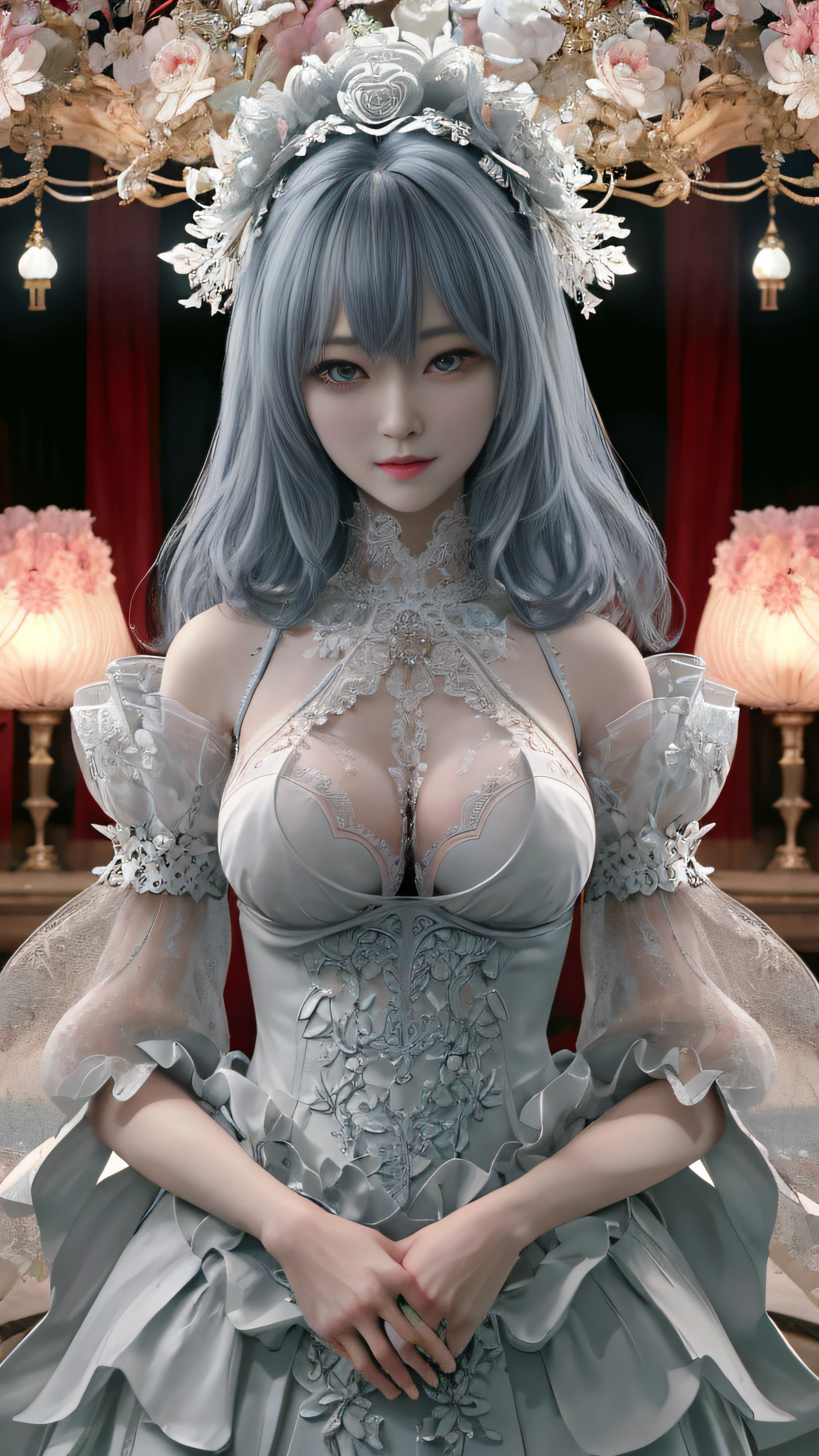 Super beautiful glowing eyes、1girl in、Intricate ornaments、Complex lace dresses、looking at the viewers、The upper part of the body、3D、realisitic、large full breasts、excessively frilled princess dress、draped clothes、jewely、ornament detached、florals、Lace trim、​masterpiece、top-quality、8K、detailed skin textures、Detailed Cloth Texture、beautifull detailed face、intricate-detail、ultra-detailliert、Side lighting、ciinematic light、超A high resolution、8K UHD、film grains、Best Shadow、delicated、raw