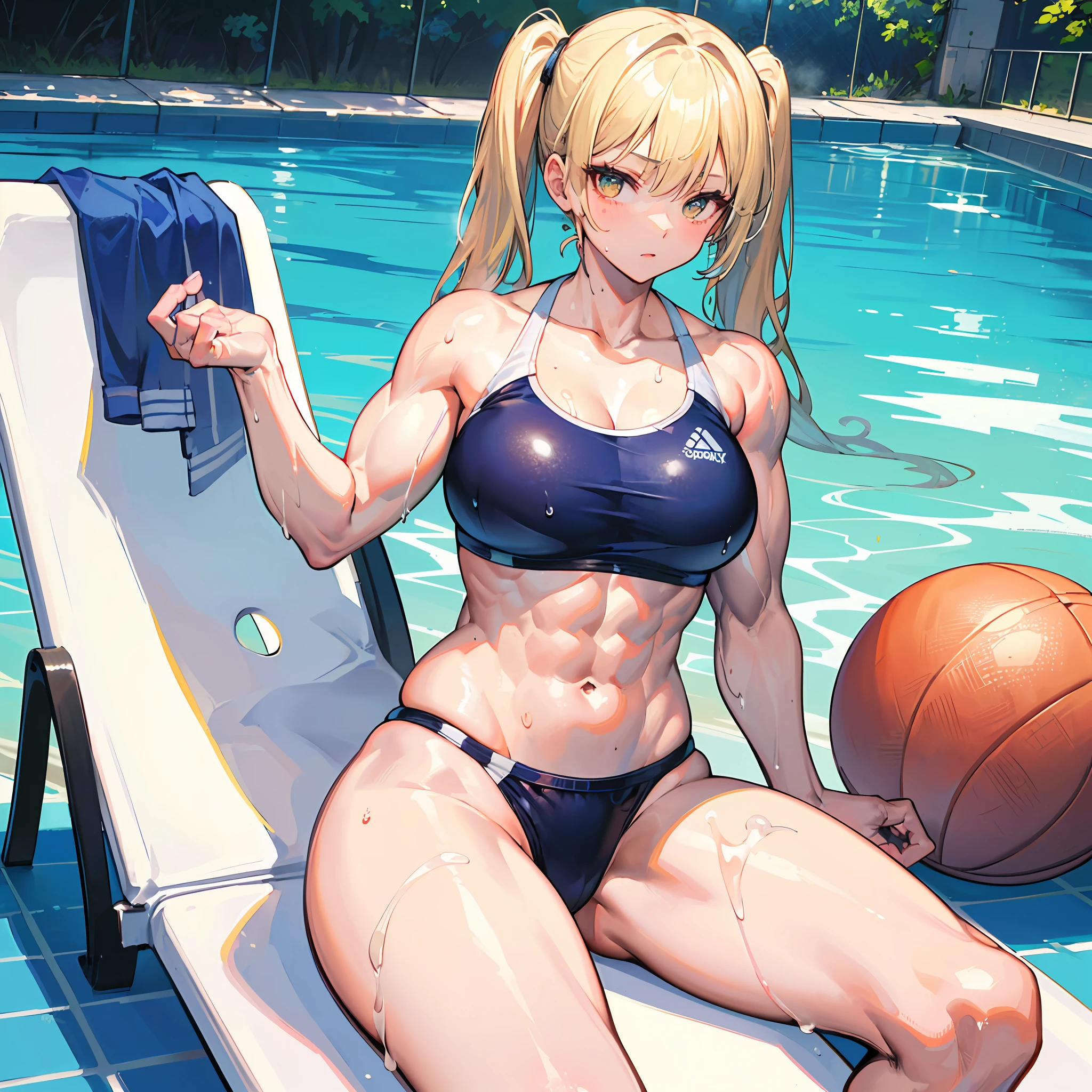 ((​masterpiece))、((Top image quality))、((top-quality))、(((Illustration of one woman)))、(((muscle woman)))、((30-years old))、((neuter))、((Blonde twintails))、Light golden eyes、((Long body))、(((perspiring)))、((Steam wafting all over the body))、((Body wet with sweat))、(((Muscular and strong body)))、((Split abs))、(((muscular and thick arms)))、(((muscular and thick thighs)))、((manspreading))、((Sports Swimwear))、Sitting on a deck chair、in poolside