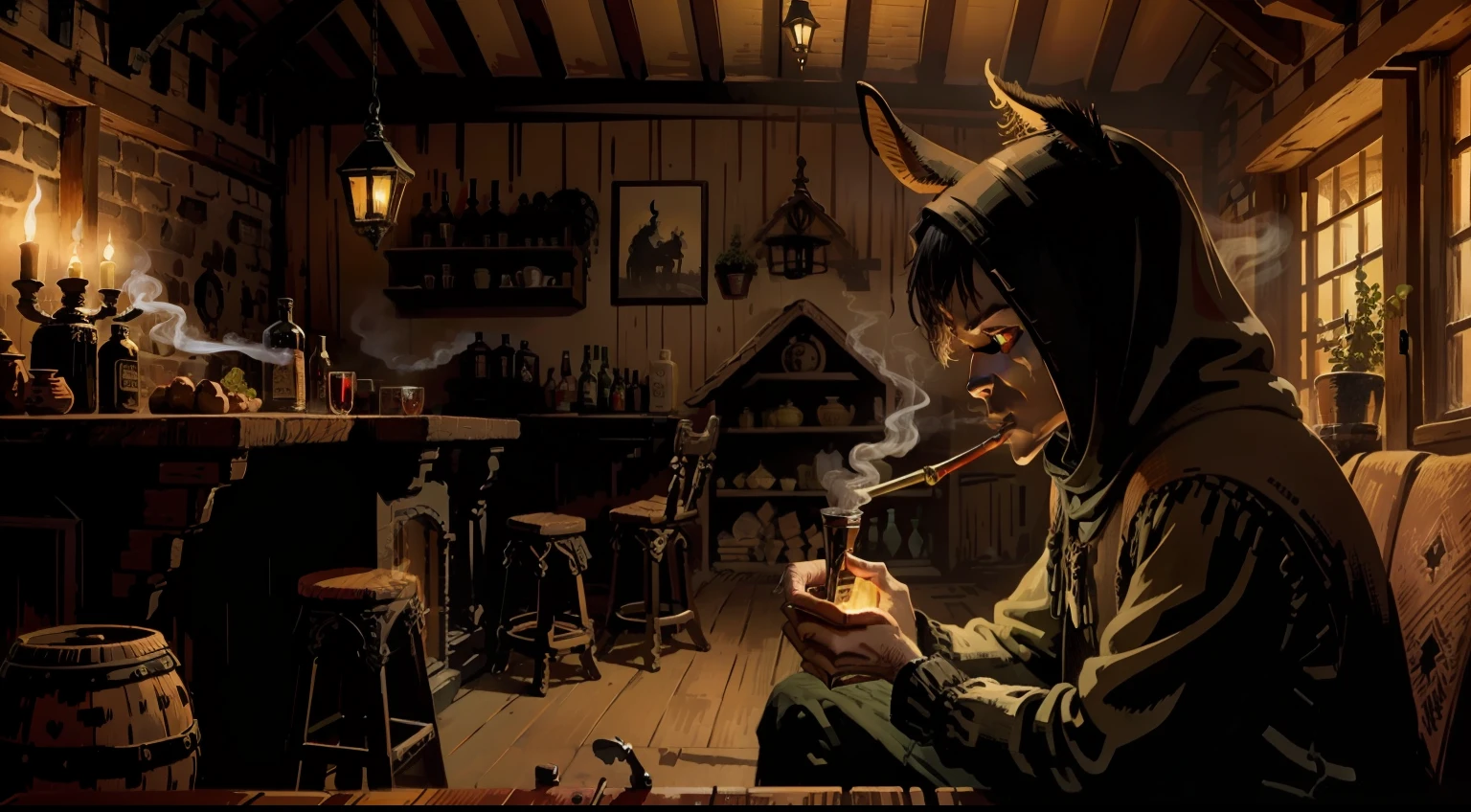 In the thatched house，A donkey smoking hookah，Terrifying and mysterious atmosphere