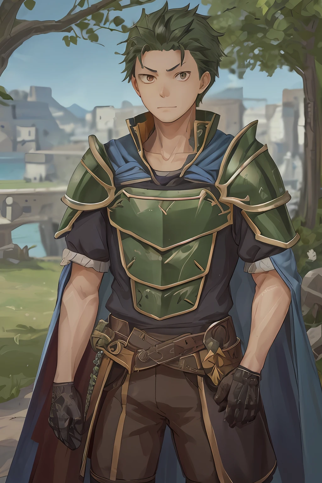（1 Adult male），A high resolution， Sharp focus， Pixiv masterpiece， （（Complicated details））， highly  detailed， natsuki_subaru， 1 man， （（combats）），full bodyesbian， greene eyes（eyes glowing）， Green short bob hair，Armour，cloaks，Shoulder armor，perspire，look from down