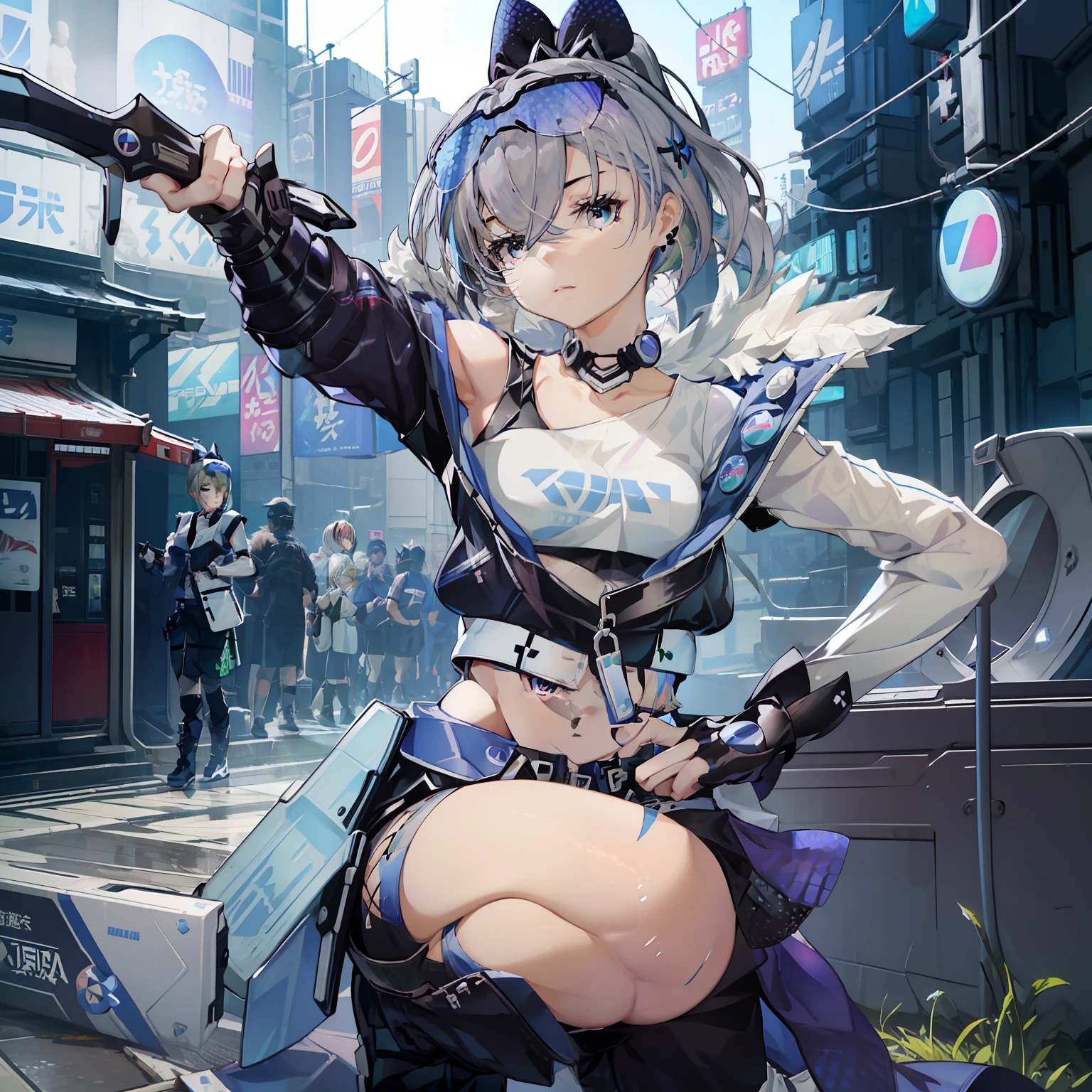 Beautiful woman medium hair、hated、cyberpunked、a short bob、a blond、White Summer Knitted Cap、 odd eye、blue right eye、Green left eye、Blue Leather Vest、Long white T-shirt、White Cargo Pants、Black Engineer Boots、head phone、Carried a sword on his back Japan、Sprint、In front of Shibuya Station、natta