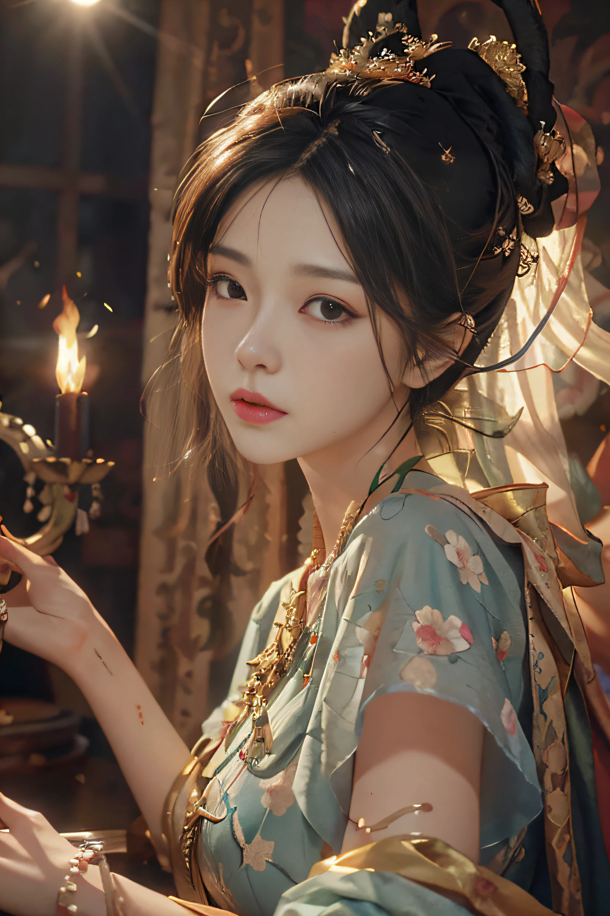 (RAW photo, best quality), (realistic, photo-realistic:1.3), best quality, highly detailed, masterpiece, ultra-detailed, illustration, 1girl, upper_body, dynamic angle, world mastery theater, messy_long_hair,best quality, extremely detailed CG unity 8k壁纸，ink，astounding，电影灯光，lens_flare，dunhuang_style Big chest