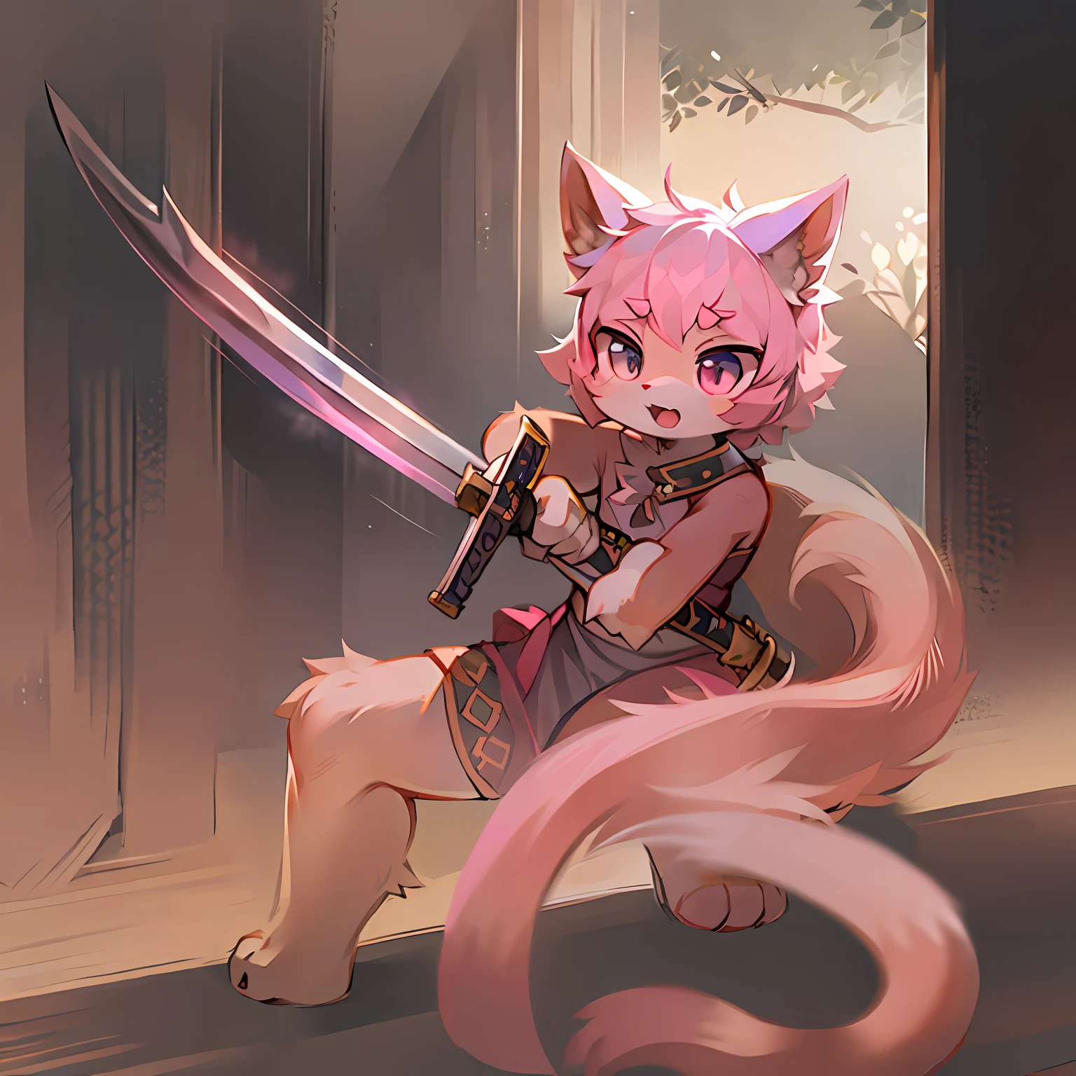 Pink cat，Armed with a short sword，The shadows that emerge around form an illusion。