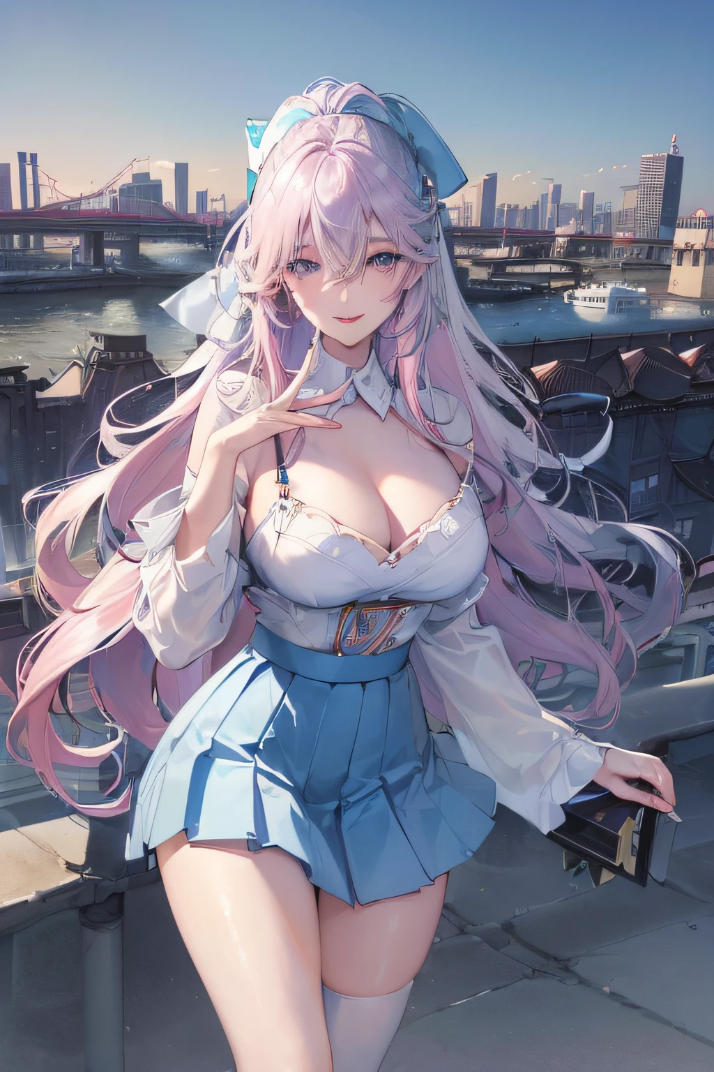 official art, masterpiece, sharp focus, (beautiful gorgeous cute Korean woman:1.3), (beautiful cute korean:1.3), korean beauty, Delicate and beautiful hair and eyes and face, realistic, ultra detailed, beautiful girl, blue sky, glow white particle, (sidelighting:1.2), sun light, white cloud, detailed clouds, slender, Lovely very large breasts and very large hips, smile with teeth, ((smile with eyes, open both eyes)), scenery, long straight hair, sexy facial expression, building, (cityscape:1.7), dynamic hair, long straight hair, detailed platinum pink hair, glow blue eyes, (blue pleated shirts + white skirt), white long socks, pale skin, hair ornament, epic scenery,