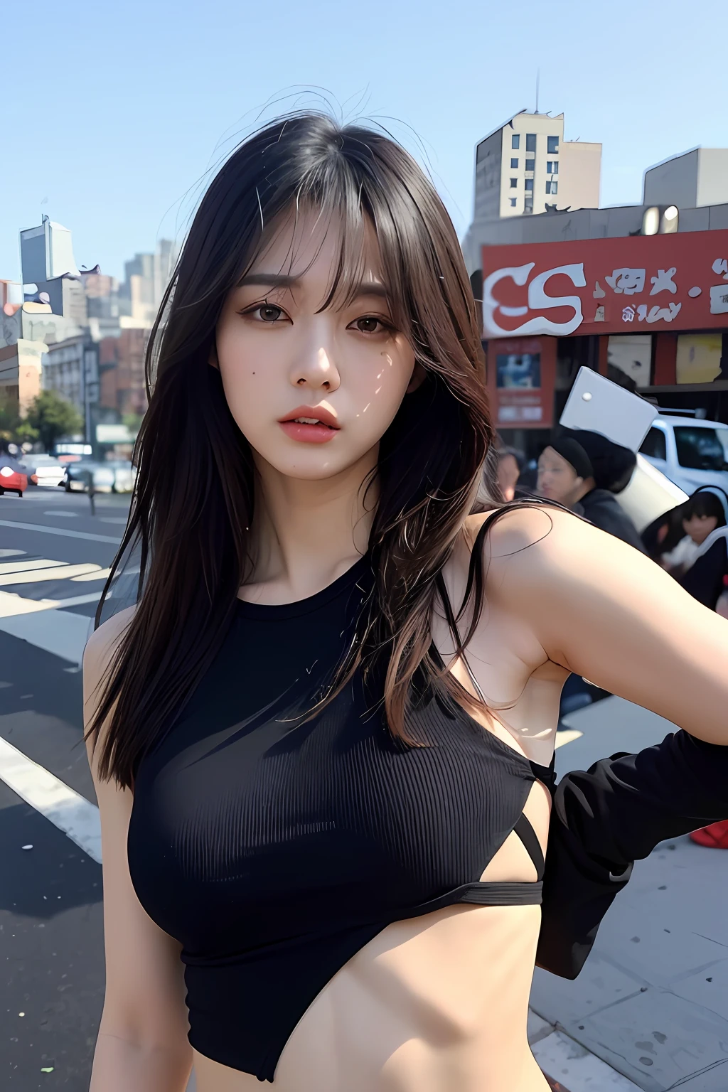 (extra detailed body、extra detailed face、best qualtiy:1.2)、femele、looking at the viewers、(Black tops、JINS)、(Urban chaos in the background:1.4)