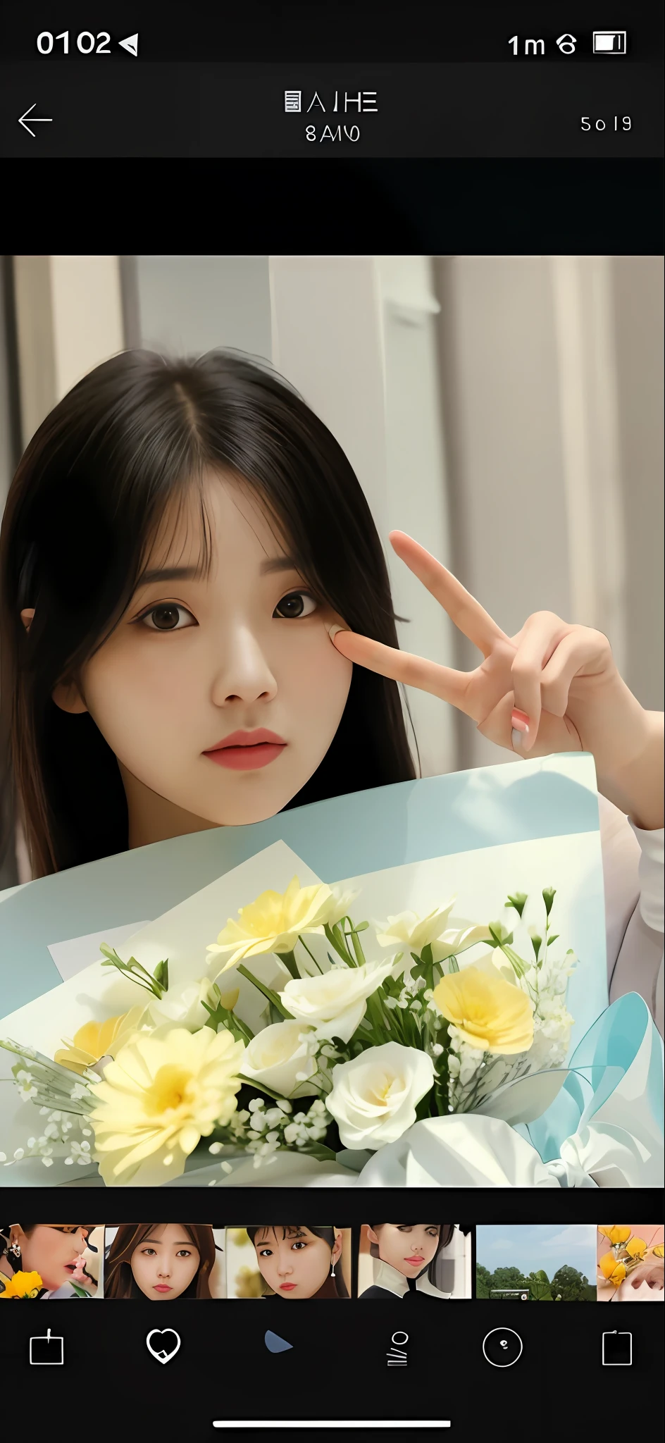 there is a woman that is holding a bunch of flowers,Make gestures of peace, IU, With flowers, bae suzy, Kim Do-young, gongbi, Ruan cute vtuber, jaeyeon nam, roseanne park of blackpink, wan adorable korean face, Holding a flower, Choi Hyun-hwa, Middle Metaverse, Holding flowers