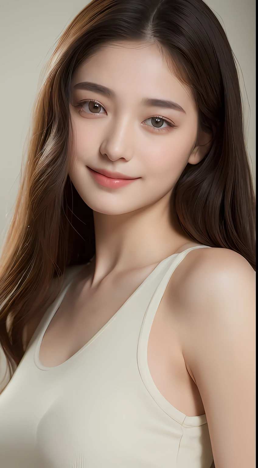 ((Best quality, 8k, Masterpiece :1.3)), 1girl, beautiful woman with emphasis on plump abs: 1.3, full body, (long hair, big breasts: 1.2), oversized tank top: 1.2, ultra-delicate face, delicate eyes, double eyelids, smile, home, random color clothes
