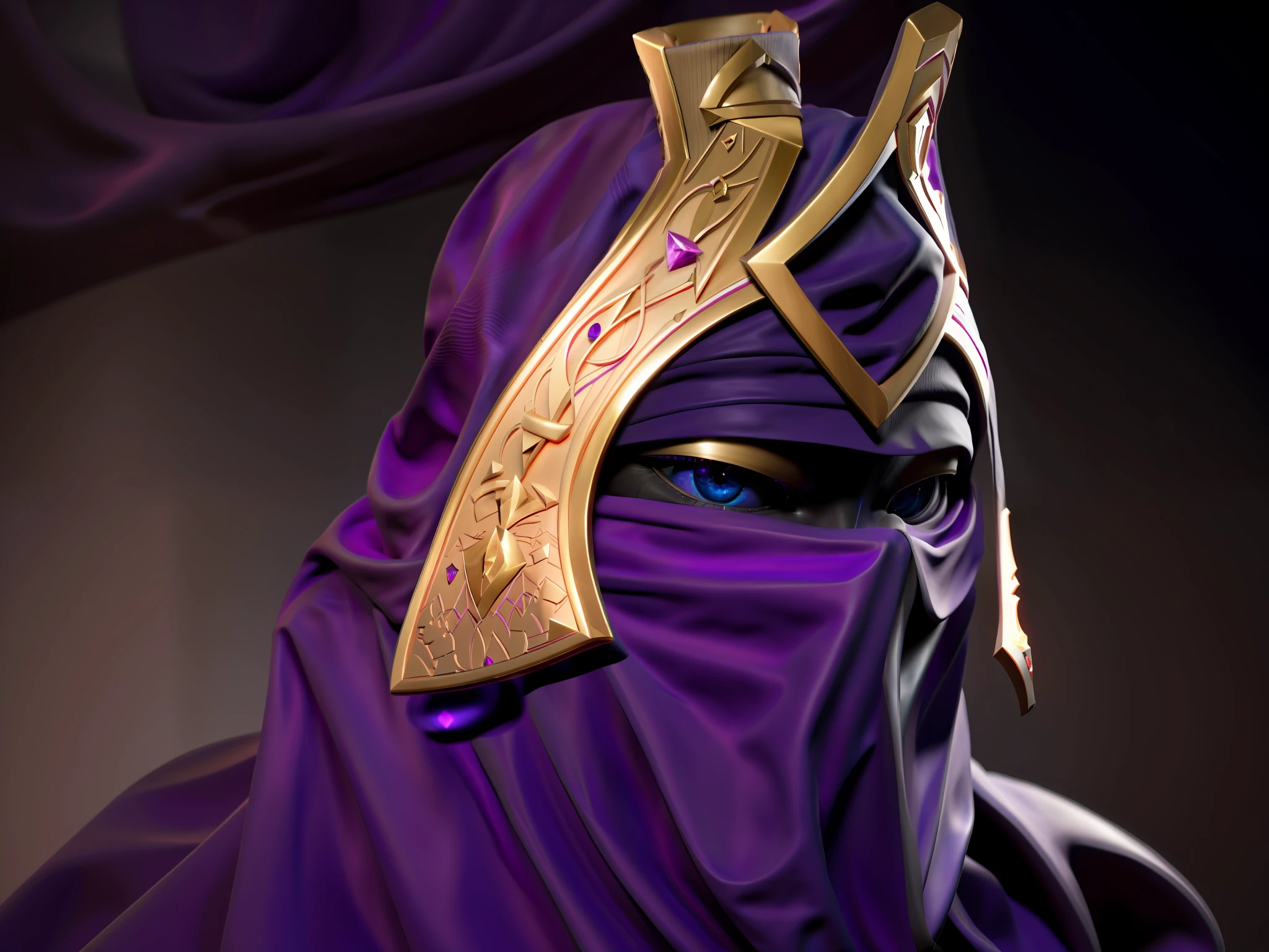 Close-up of purple yarn,Muslim veil and burqa,There is a purple gemstone in the center of the veil, Cultists, dota, artifact dota2, portrait of a mind flayer, dota character, mind flayer, unknown artstyle, inspired by Yi Jaegwan, Inspired by Yin Yi, Avatar image