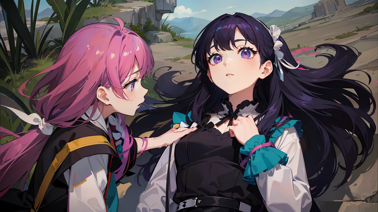 2D, ​masterpiece, top-quality, Girl on the left、profile、long red hair tied with scrunchies,,、blue-purple eyes、White muffler、Purple-black suit with image color、Yellow shoulder bag at back.、Pink line on sleeves、Girl on the right、Silky white hair ornament tied with white string、waist-length black hair、Square bangs hanging on both sides (Large bangs hanging to the right and small bangs hanging to the left) 、a purple eye、Hold your chest with your left hand、Green black suit in image color、Wasteland