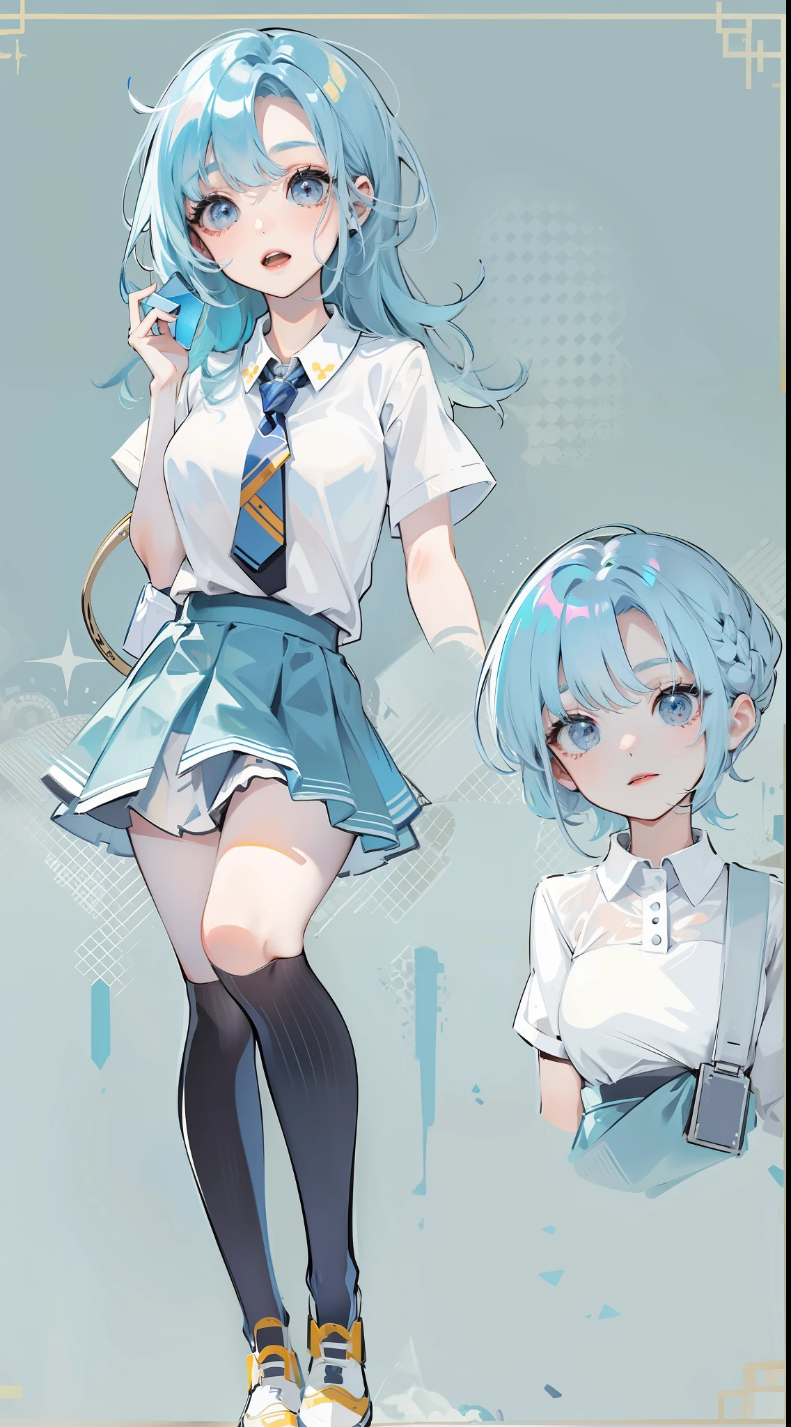 18-year-old girl,long baby blue hair,White color blouse,Blue JK skirt with tie,white backgrounid,Extremely high quality