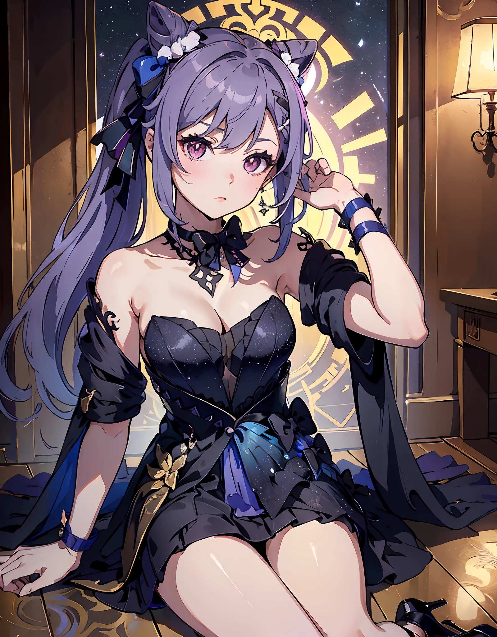 (masterpiece, best quality), beautiful girl, sitting down, point of view, keqing (opulent splendor) (genshin impact), keqing (genshin impact), official alternate costume, dress, cone hair bun, night, strapless dress, looking at viewer, long hair, cleavage, black dress, hair bun, strapless, bare shoulders, purple hair, bangs, bow, detached collar, purple eyes, diamond-shaped pupils, ribbon, double bun, twintails, two-tone dress, medium breasts, hair ornament, black bow, hair ribbon, blue dress, bowtie, hair between eyes,