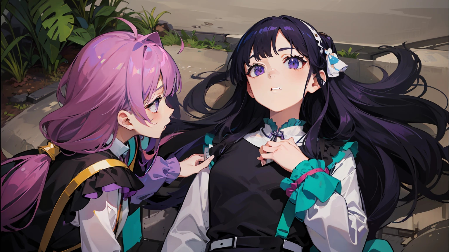 2D, masterpiece, top-quality, Girl on the left、profile、long red hair tied with scrunchies,,、blue-purple eyes、White muffler、Purple-black suit with image color、Yellow shoulder bag at back.、Pink line on sleeves、Girl on the right、Silky white hair ornament tied with white string、waist-length black hair、Square bangs hanging on both sides (Large bangs hanging to the right and small bangs hanging to the left) 、a purple eye、Hold your chest with your left hand、Green black suit in image color、Wasteland