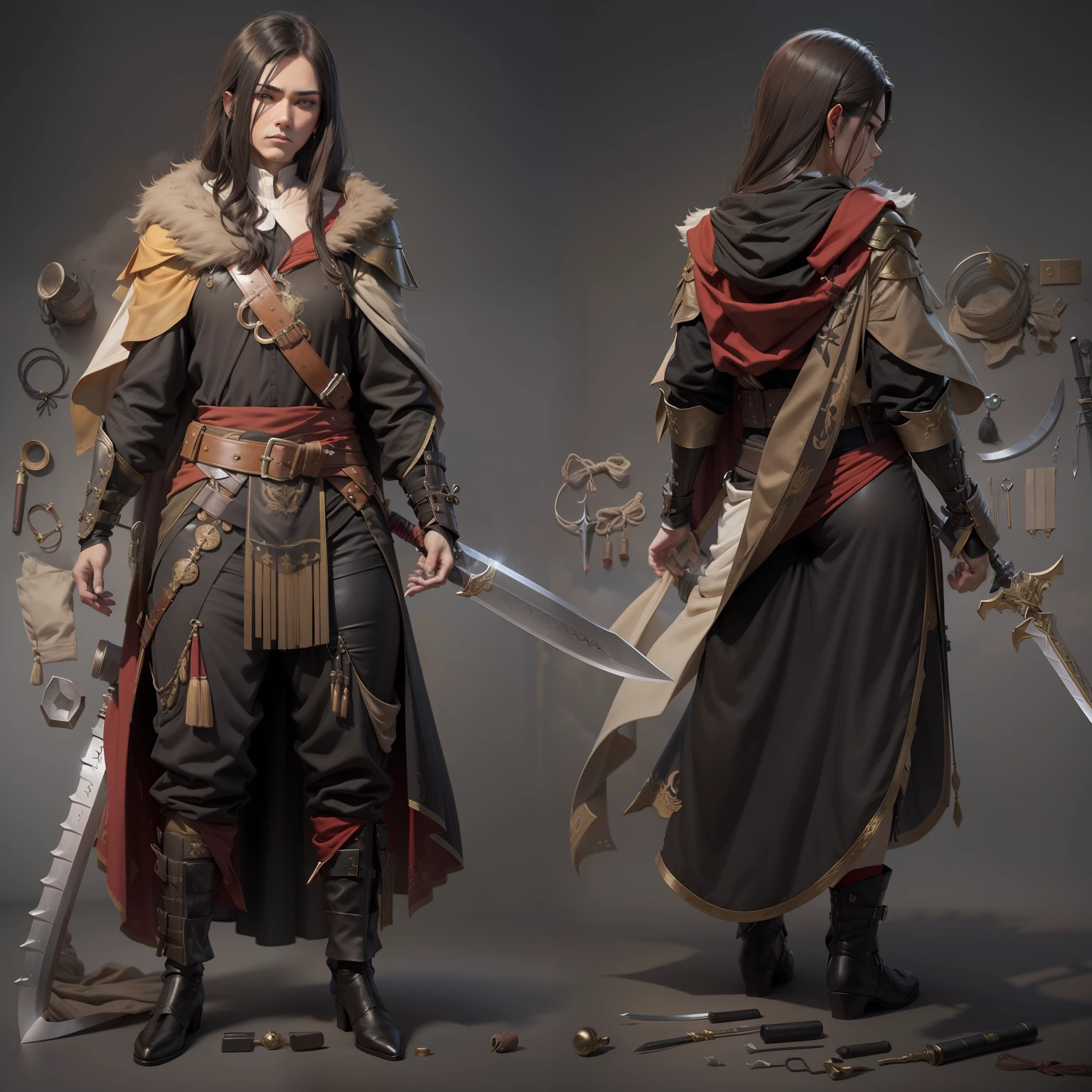 3 d model,Caramel macchiato, arma, The sword, halter, holdingweapon, 32K, Linen cloak, Top quality, Masterpiece:Faust,,1boys, long whitr hair, clouds, On your stomach, (tmasterpiece,k hd,hyper HD,16k),clutching a sword, buliding, Reflectors, bloods, Eastern Asia, Weapon focus, Skysky, brunette color hair, knifes, trouser, firey, banya, The clothes ar, bandagens, sword sheath, Masks, 独奏