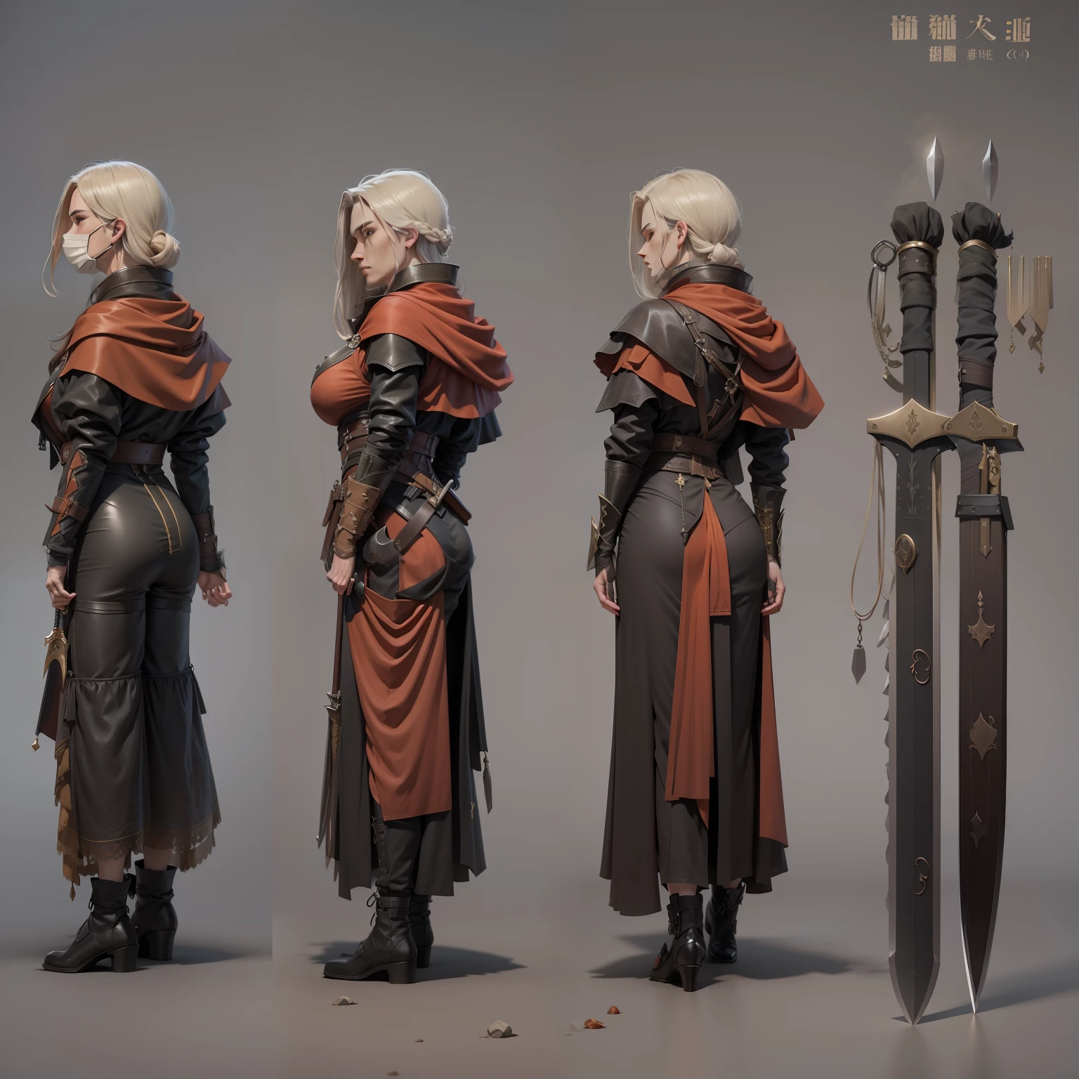 3 d model,Caramel macchiato, arma, The sword, halter, holdingweapon, 32K, Linen cloak, Top quality, Masterpiece:Faust,,1boys, long whitr hair, clouds, On your stomach, (tmasterpiece,k hd,hyper HD,16k),clutching a sword, buliding, Reflectors, bloods, Eastern Asia, Weapon focus, Skysky, brunette color hair, knifes, trouser, firey, banya, The clothes ar, bandagens, sword sheath, Masks, 独奏