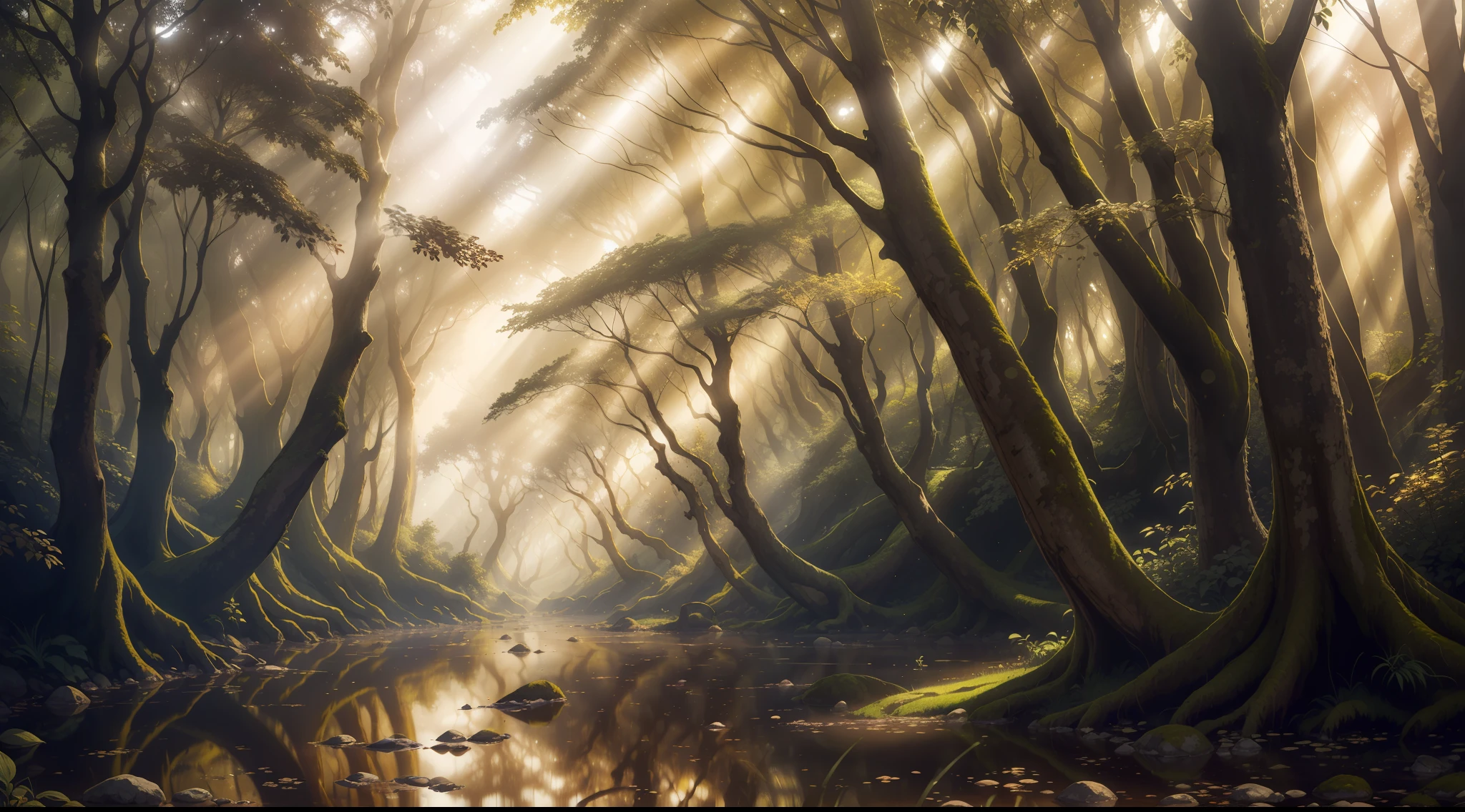 A misty tranquil forest with clear streams shining through ancient trees, golden light pouring through the canopy
