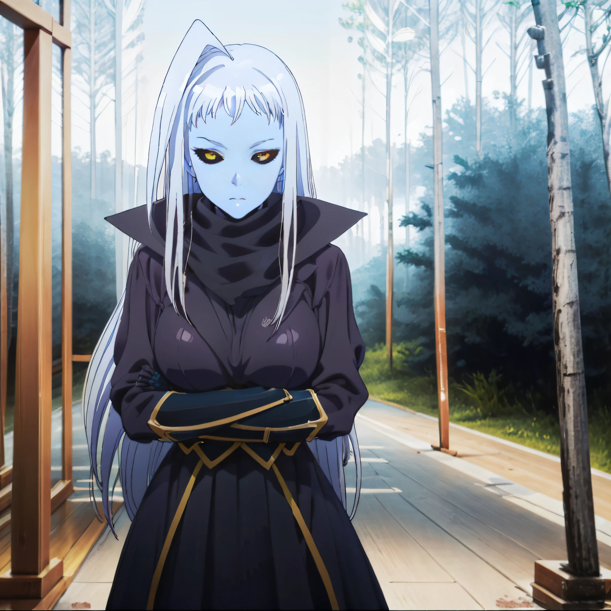 (((picture perfect))), (absurdres), 1girl, solo, lala, (huge ahoge:1.2), monster girl, black scarf, black dress, crossed arms, looking at viewer. Forest glade on a moonlit night.