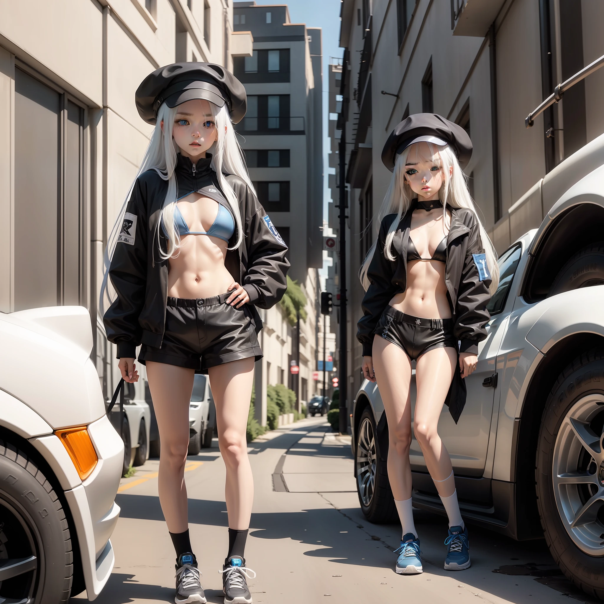 , long hair, white hair, blue eyes, small breasts, blue bikini, black jacket, black hat, high socks, black sneakers, standing, car Dodge Challenger