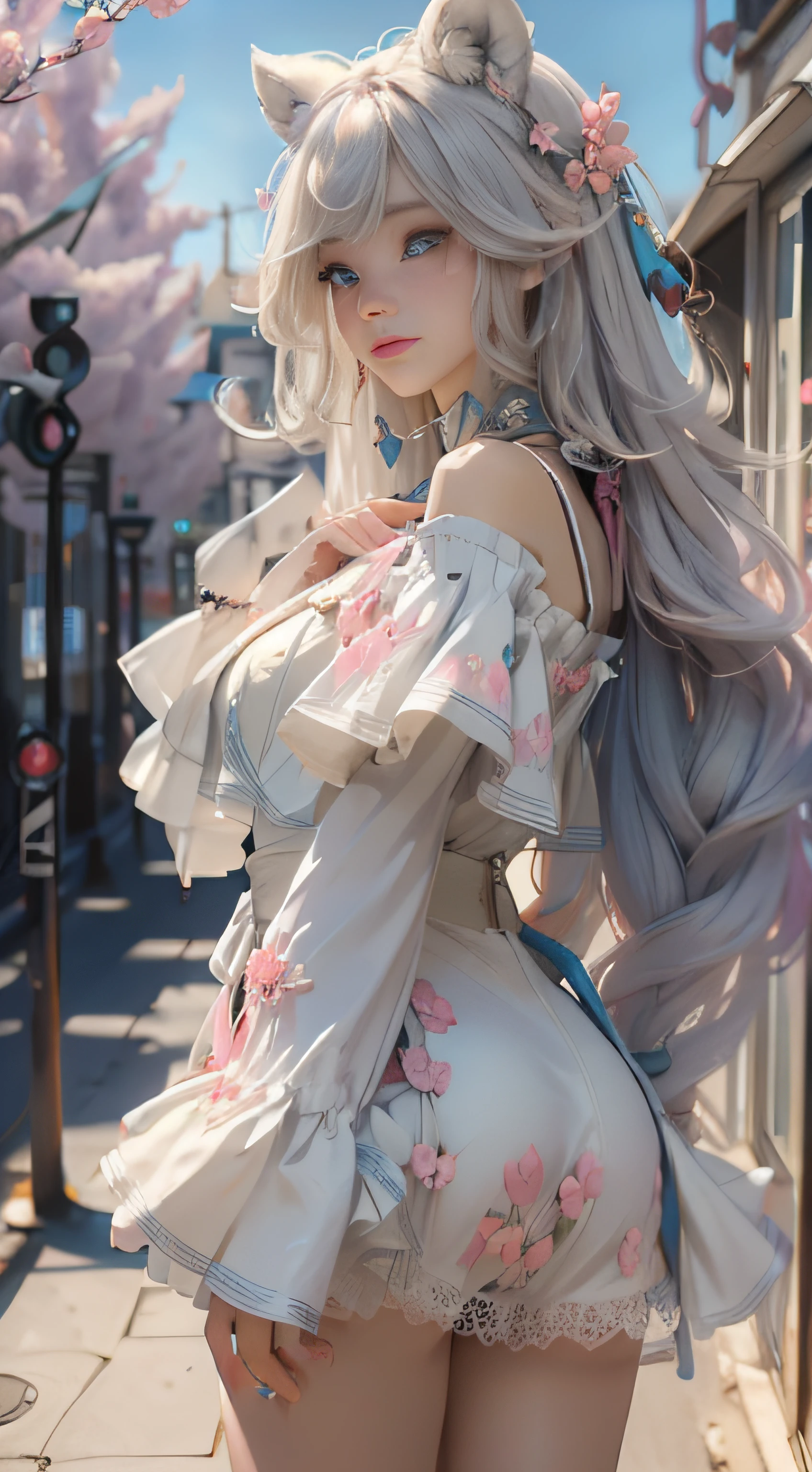 ((best qualtiy)), ((tmasterpiece)), (detail:1.4), Beautiful cyberpunk female images,hdr(HighDynamicRange),Ray traching,NVIDIA RTX,Hyper-Resolution,illusory 5,sub surface scattering,PBR textures,post-proces,Anisotropy Filtering,depth of fields,maximum definition and sharpness,Many-Layer Textures,Albedo e mapas Speculares,Surface coloring,Mitsu-Accurate simulation of material interactions,perfectly proportioned,rendering by octane,Two-colored light,largeaperture,Low ISO,White balance,Rule three points、8K raw data、Beautiful bright blue pupils,off-the-shoulder clothes,Fine pupils,Delicate face and eyes,long eyelasher,Blushlush,Delicate and fluffy hair,pink lip,Pure,Cute face,Sweet girl,Artistic sense,Casual wear,Advancedsense,butterflys,Cherry blossom petal,Beautiful hair accessories,Long hair and waist,Hair fluttering in the wind,Snow-white fox ears,curlies,Snow-white fluffy tail,Positive light,The light from the back window is backlighted