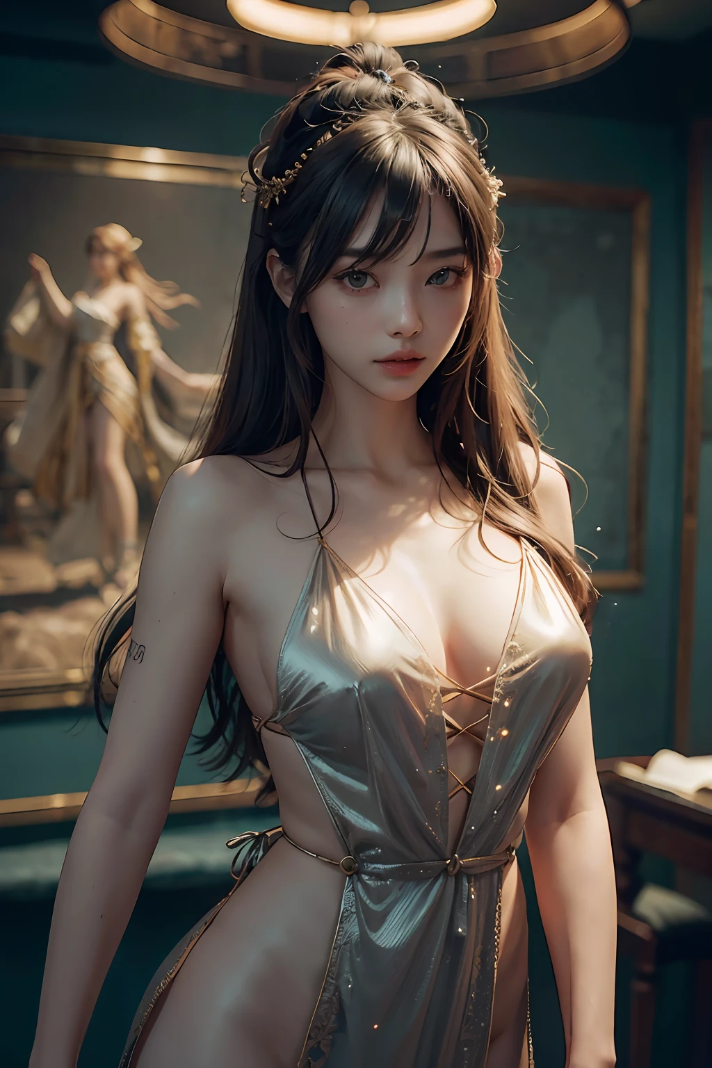 (RAW Photography、top-quality)、(realisitic、Photorealsitic:1.3)、top-quality、ighly detailed、​masterpiece、ultra-detailliert、1girl、upper_body、dynamic ungle、world masterpiece theater、messy_long_hair、top-quality、the Extremely Detailed CG Unity 8K Wallpapers、inky、magnifica、lighting like a movie、lens_flare、、dunhuang_style Sexy Realistic Human Slender