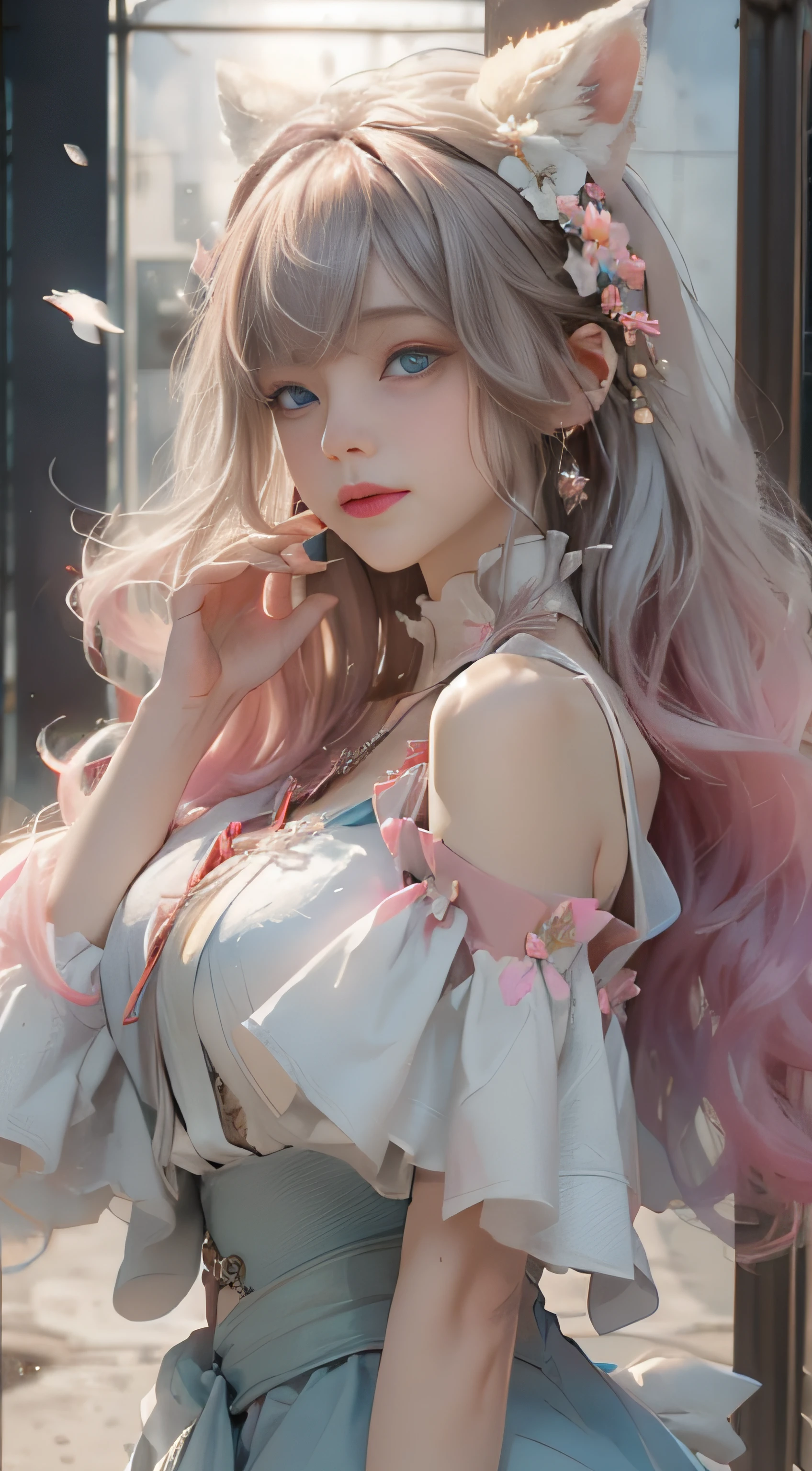 ((best qualtiy)), ((tmasterpiece)), (detail:1.4), Beautiful cyberpunk female images,hdr(HighDynamicRange),Ray traching,NVIDIA RTX,Hyper-Resolution,illusory 5,sub surface scattering,PBR textures,post-proces,Anisotropy Filtering,depth of fields,maximum definition and sharpness,Many-Layer Textures,Albedo e mapas Speculares,Surface coloring,Mitsu-Accurate simulation of material interactions,perfectly proportioned,rendering by octane,Two-colored light,largeaperture,Low ISO,White balance,Rule three points、8K raw data、Beautiful bright blue pupils,off-the-shoulder clothes,Fine pupils,Delicate face and eyes,long eyelasher,Blushlush,Delicate and fluffy hair,pink lip,Pure,Cute face,Sweet girl,Artistic sense,Casual wear,Advancedsense,butterflys,Cherry blossom petal,Beautiful hair accessories,Long hair and waist,Hair fluttering in the wind,Snow-white fox ears,curlies,Snow-white fluffy tail,Positive light,The light from the back window is backlighted