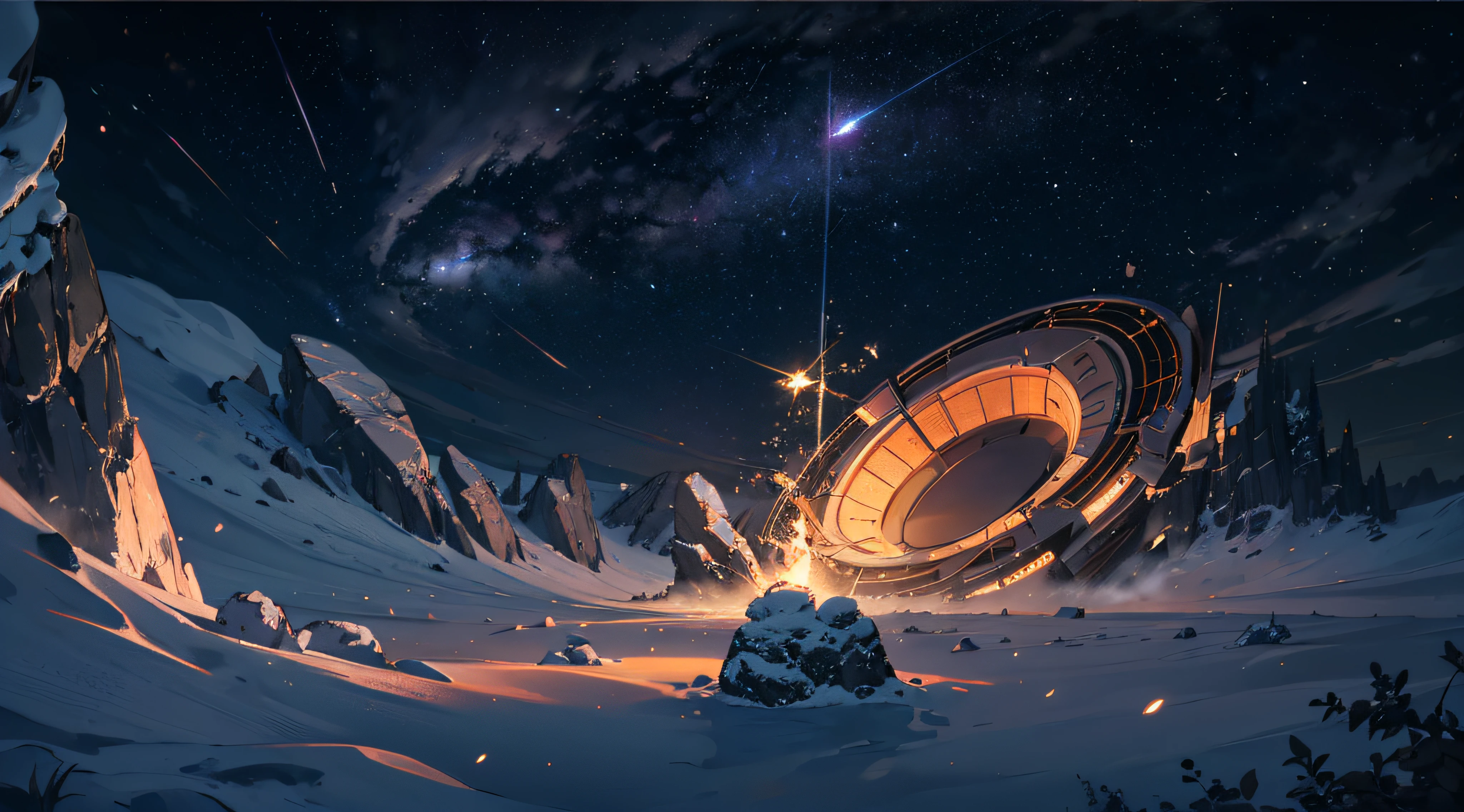 Expansive landscape photograph，（moon full：1.2），（meteors：0.9），（Starcloud：1.3），（Warm light source：1.2），（glowworm：1.2），lamp lights，Lots of purple and orange，Complicated details，Volumetriclighting，Realism BREAK（tmasterpiece：1.2），（best qualtiy），8K，Ultra-detailed，（dynamic compositions：1.4），The is very detailed，Colorful details，（Irridescent color：1.2），（luminouslighting，Atmospheric lighting），dream magical，magical，（独奏：1.2），（（best qualtiy））， （（tmasterpiece））， （the detail：1.4），depth of fields，maximum definition and sharpness，perfectly proportions，Fluttering clouds，Wallpapers