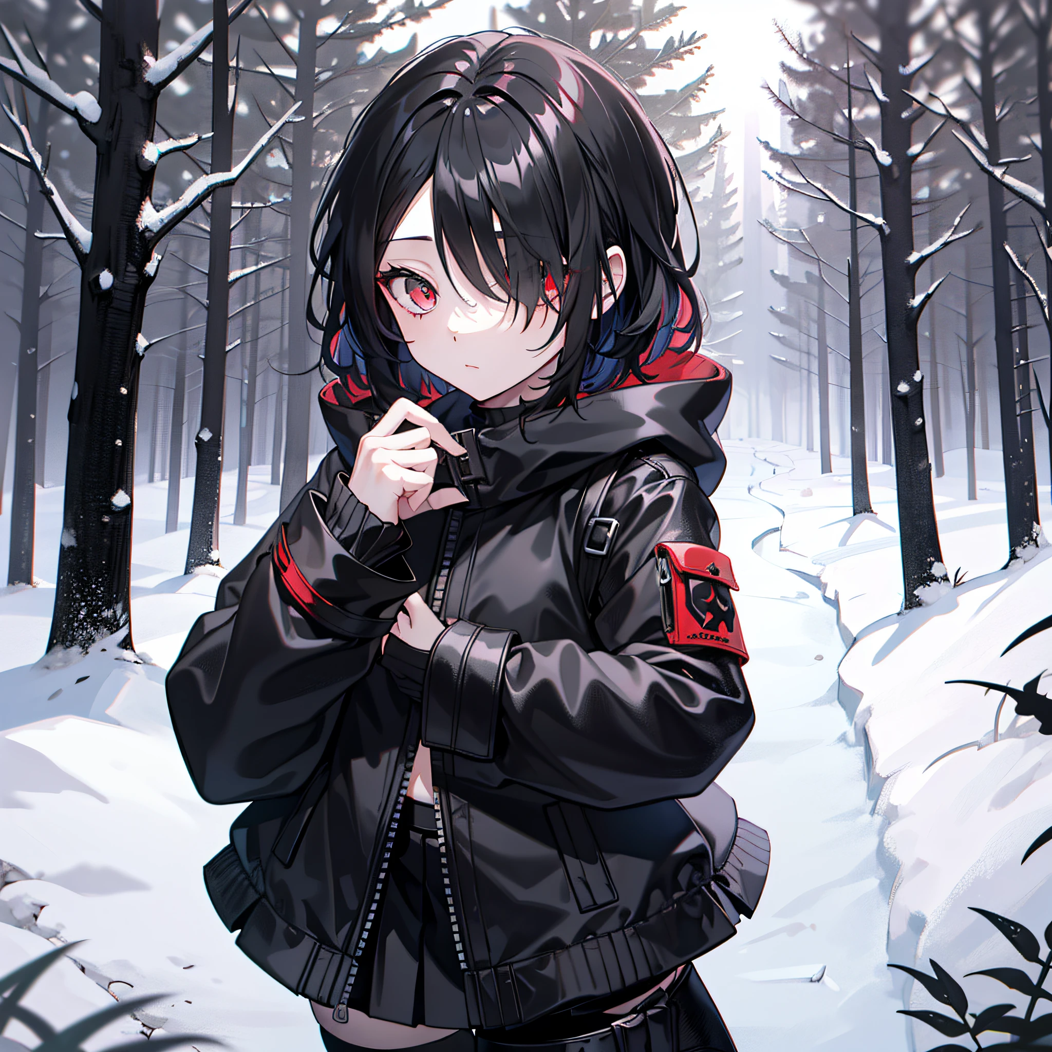 red color eyes, Black color hair, Black platform boots, short detailed hair, black thigh socks, hair on one eye, black black jacket, Black thigh strap, black sash,nigth,black short skirt,ln the forest,at winter season,bit girl