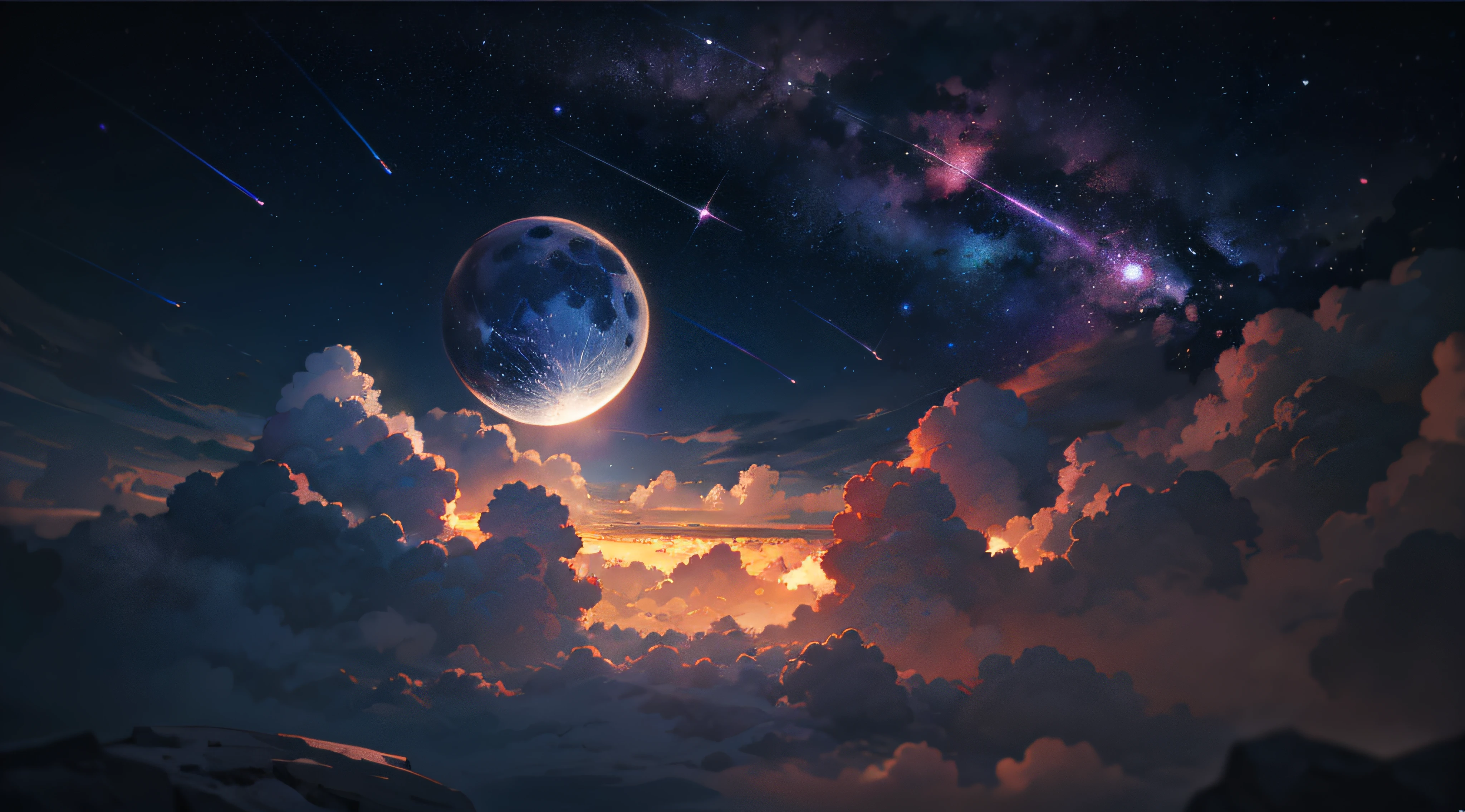 Expansive landscape photograph,(moon full:1.2),(meteors:0.9),(Starcloud:1.3),(Warm light source:1.2),(glowworm:1.2),lamp lights,Lots of purple and orange,Complicated details,Volumetriclighting,Realism BREAK(tmasterpiece:1.2),(best qualtiy),8K,Ultra-detailed,(dynamic compositions:1.4),The is very detailed,Colorful details,(Irridescent color:1.2),(luminouslighting,Atmospheric lighting),dream magical,magical,(独奏:1.2),((best qualtiy)), ((tmasterpiece)), (the detail:1.4),depth of fields,maximum definition and sharpness,perfectly proportions,Fluttering clouds,Wallpapers
