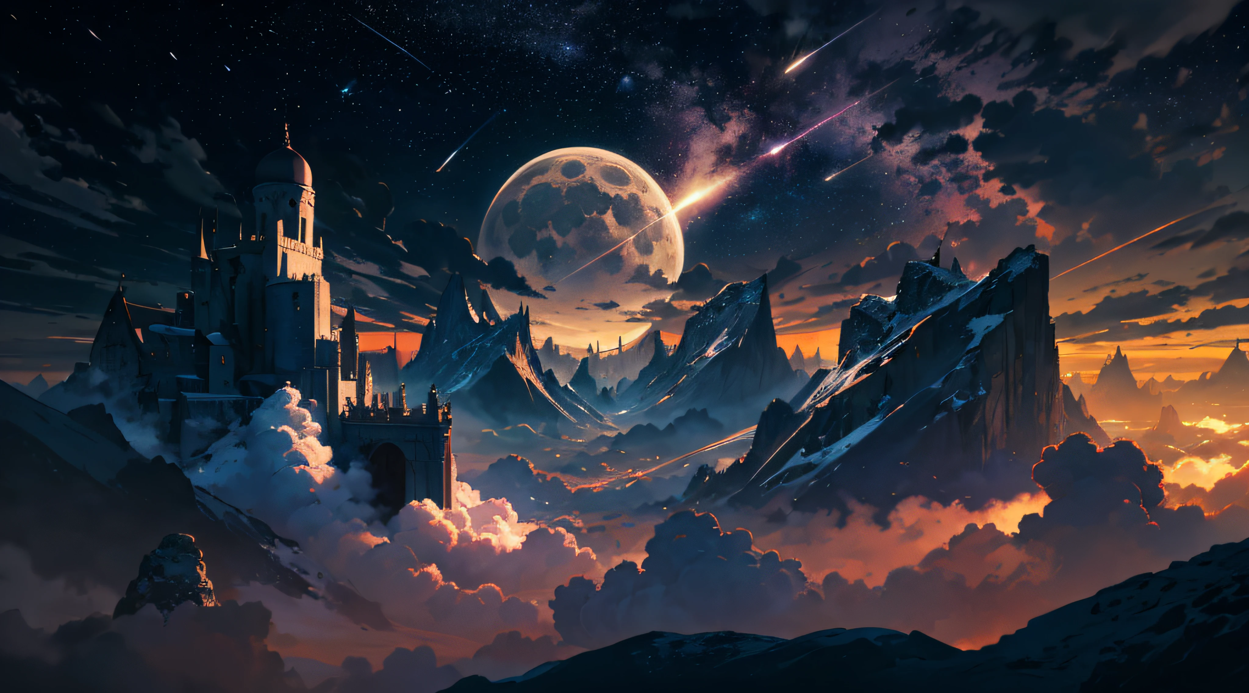 Expansive landscape photograph,(moon full:1.2),(meteors:0.9),(Starcloud:1.3),(Warm light source:1.2),(glowworm:1.2),lamp lights,Lots of purple and orange,Complicated details,Volumetriclighting,Realism BREAK(tmasterpiece:1.2),(best qualtiy),8K,Ultra-detailed,(dynamic compositions:1.4),The is very detailed,Colorful details,(Irridescent color:1.2),(luminouslighting,Atmospheric lighting),dream magical,magical,(独奏:1.2),((best qualtiy)), ((tmasterpiece)), (the detail:1.4),depth of fields,maximum definition and sharpness,perfectly proportions,Fluttering clouds,Wallpapers