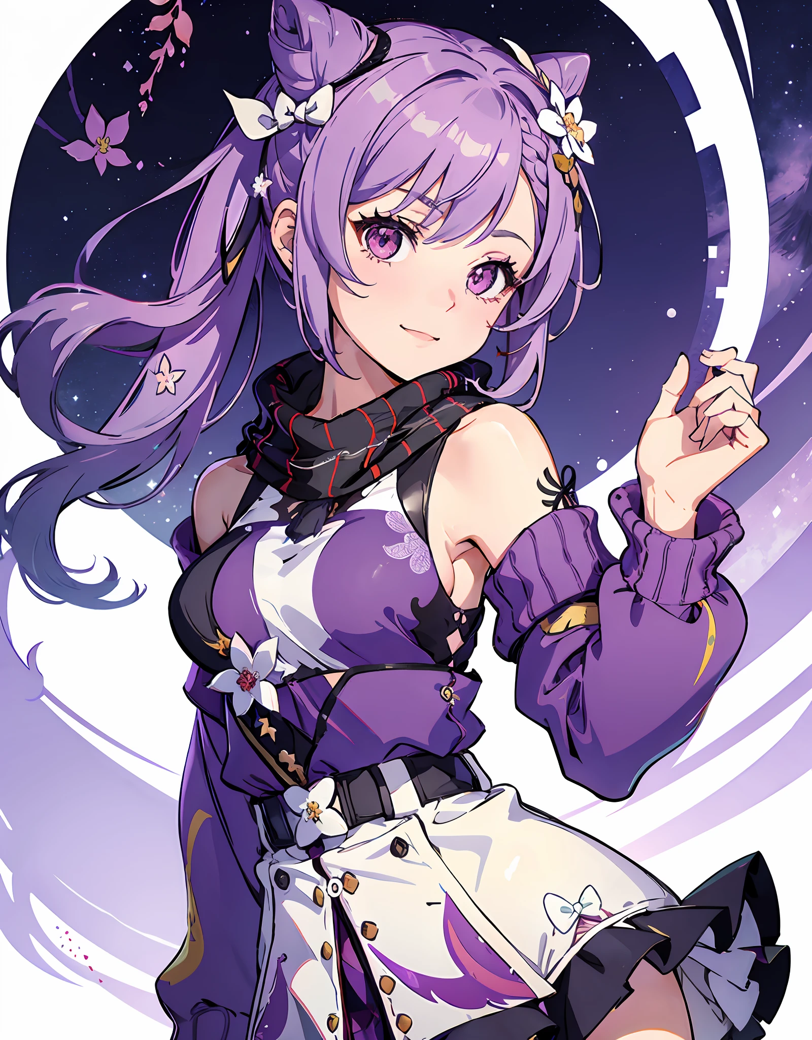 1girl, solo, sexy, keqing (lantern rite) (genshin impact), keqing (genshin impact), hair bun, skirt, scarf, purple sweater, white skirt, purple hair, sweater, twintails, purple eyes, diamond-shaped pupils, hair ornament, bare shoulders, smile, breasts, cone hair bun, long hair, belt, double bun, long sleeves, bangs, bow, hair flower, hair bow,ribbon, hair ribbon, braid, plaid scarf, plaid, off shoulder