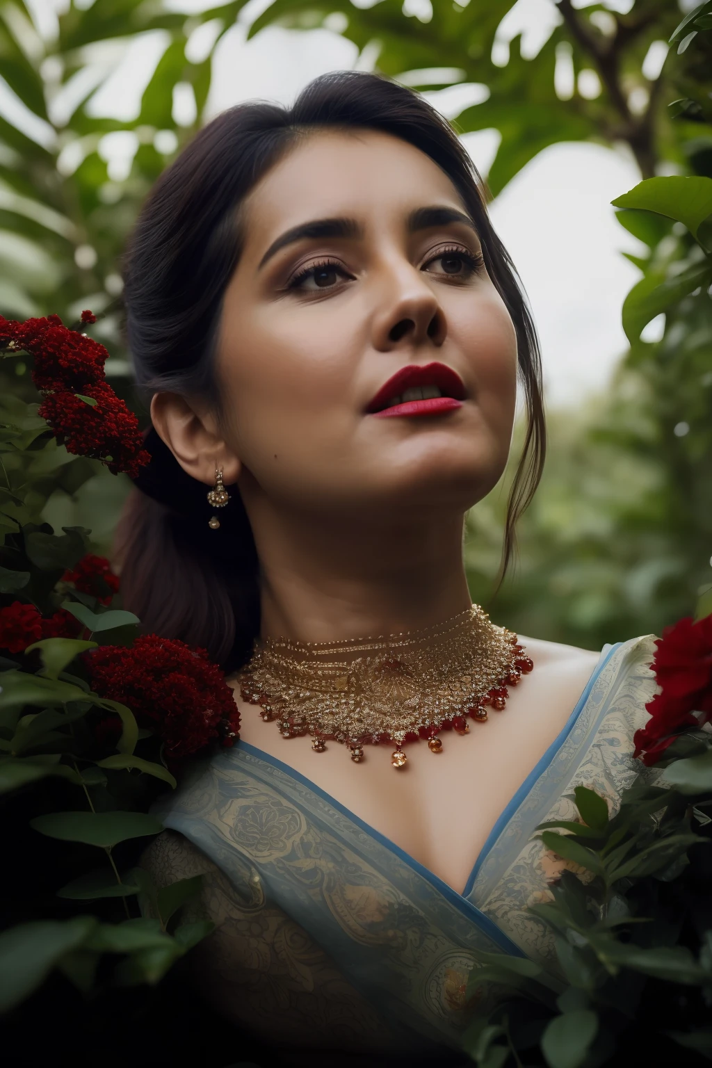 Nsfw, day scene, angle from below, close up photo of naked (Jaya Prada:0.1), big cheeks, red Hollywood lips, nipples, huge breasts, squatting near shrub in a garden, hourglass figure, armpits, (blue eyes:1), ponytail, necklace, 30 yo, look at viewer and smile, (cinematic:1.3), intricate details, (ArtStation:1.2)