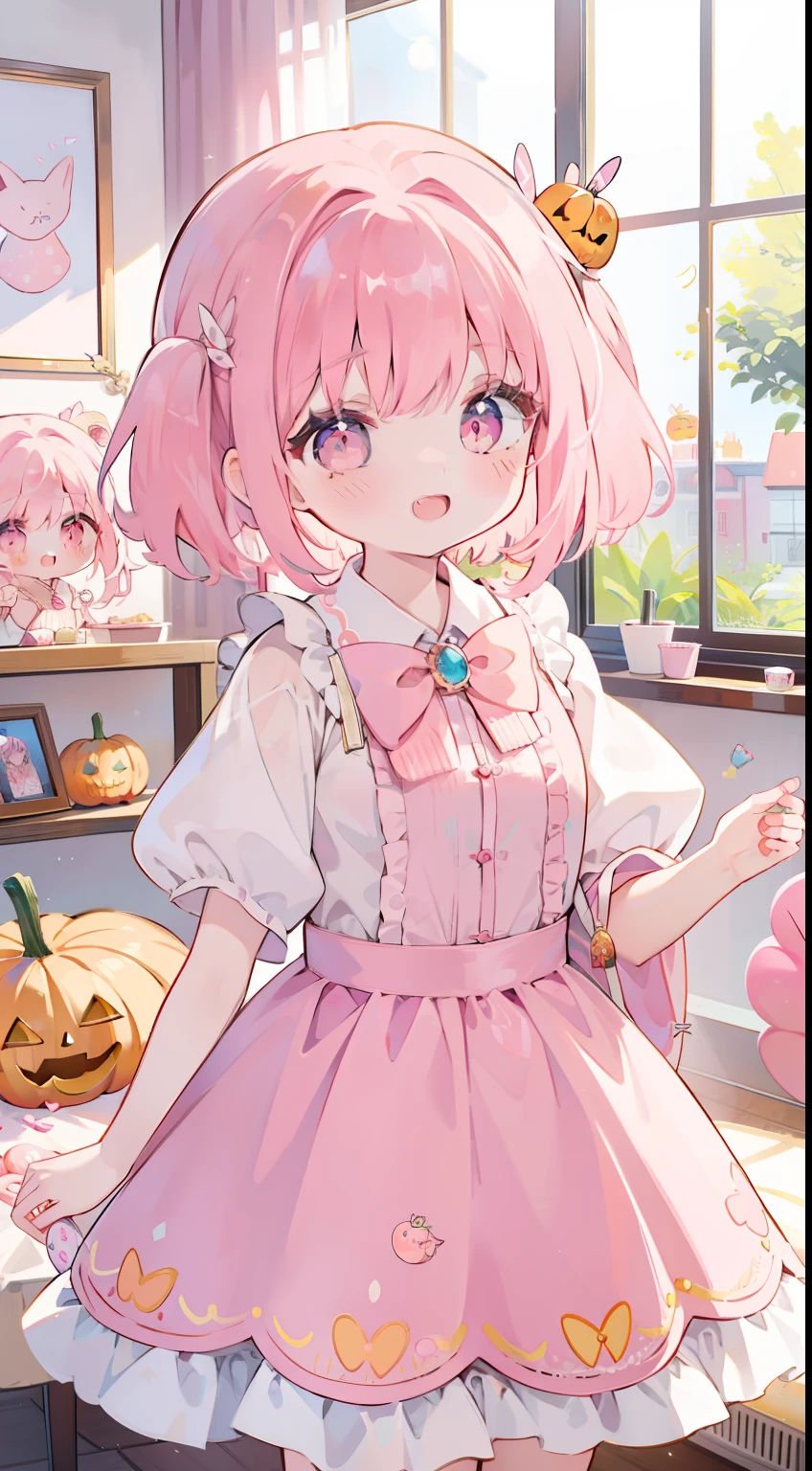 One girl、candy、sweets、Dolce、cute little、A pink-haired、Pink eyes、Pumpkin skirt、masterpiece、top-quality、Top image quality、laugh、smil、