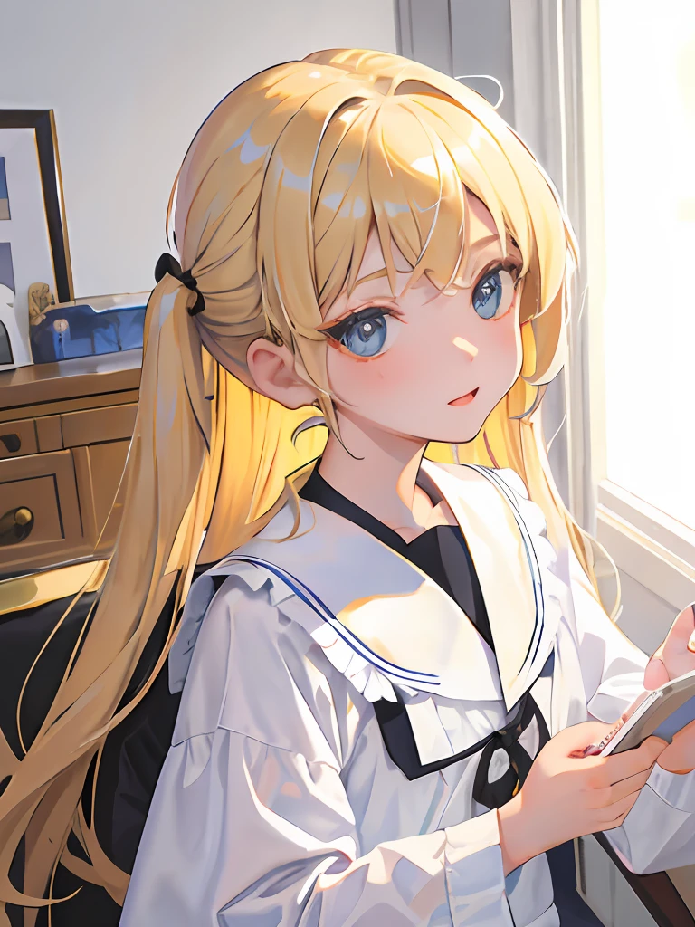（（​masterpiece、top-quality）、（1 little girl）、（独奏）、（female focus）、a blond、（White shirt）、No bangs
