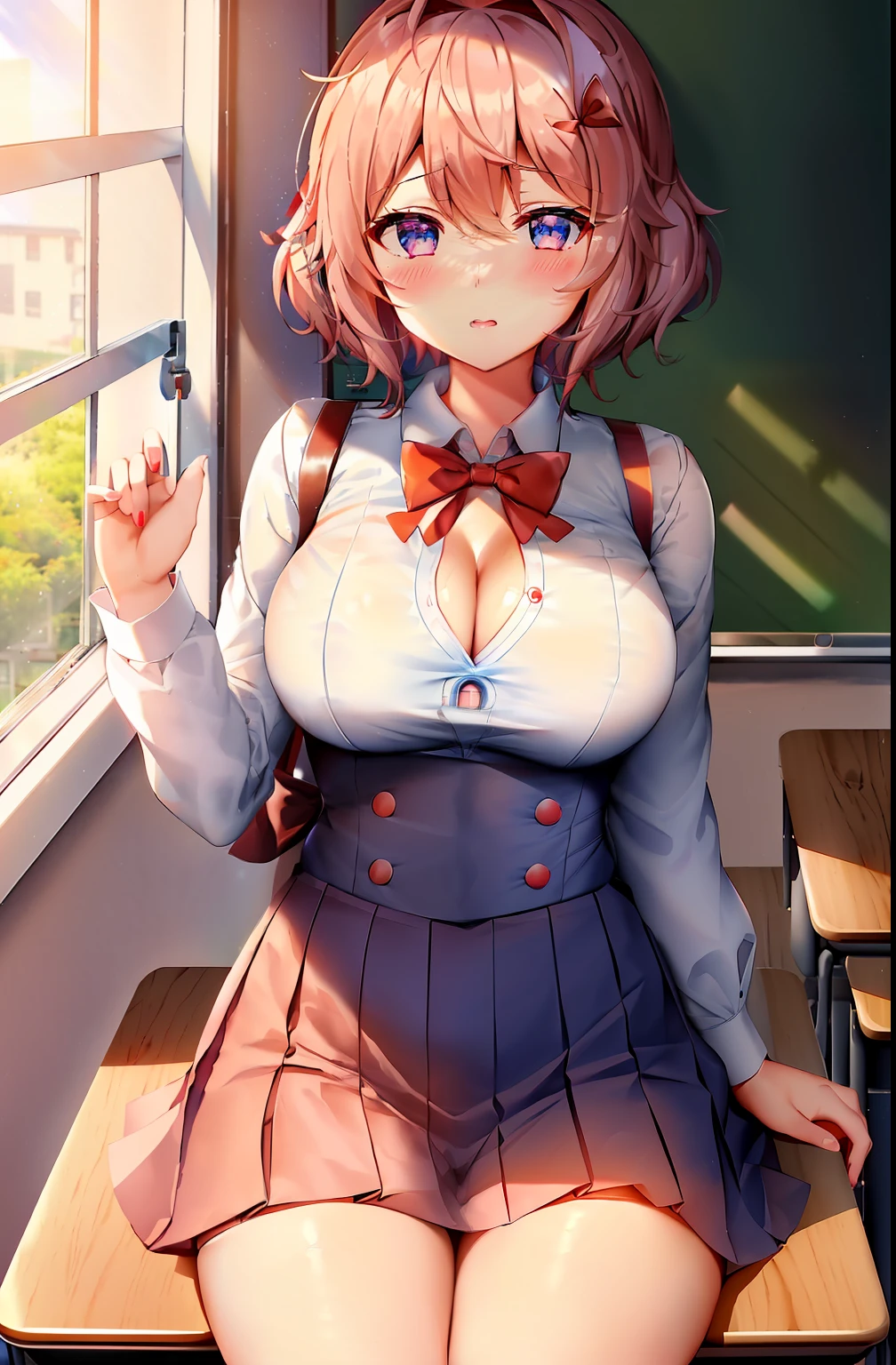 (1girl in、sayoriddlc、ssmile、Red bow tie、bow ribbon、blue eyess、short-hair、独奏、large full breasts、cleavage of the breast、glowy skin、bulge、thighs thighs thighs thighs、thighs thighs thighs thighs、thick waist:1.2)、student clothes、a blue skirt、skirt by the、jaket、Watching、pleatedskirt、Slouched、bow ribbon、The shirt、bangss、White Shirt Red Ribbon、neck ribbon、blash、Long sleeve (schools、‎Classroom、Lockser、chalk board、desk、a chair、window、door:1.3)