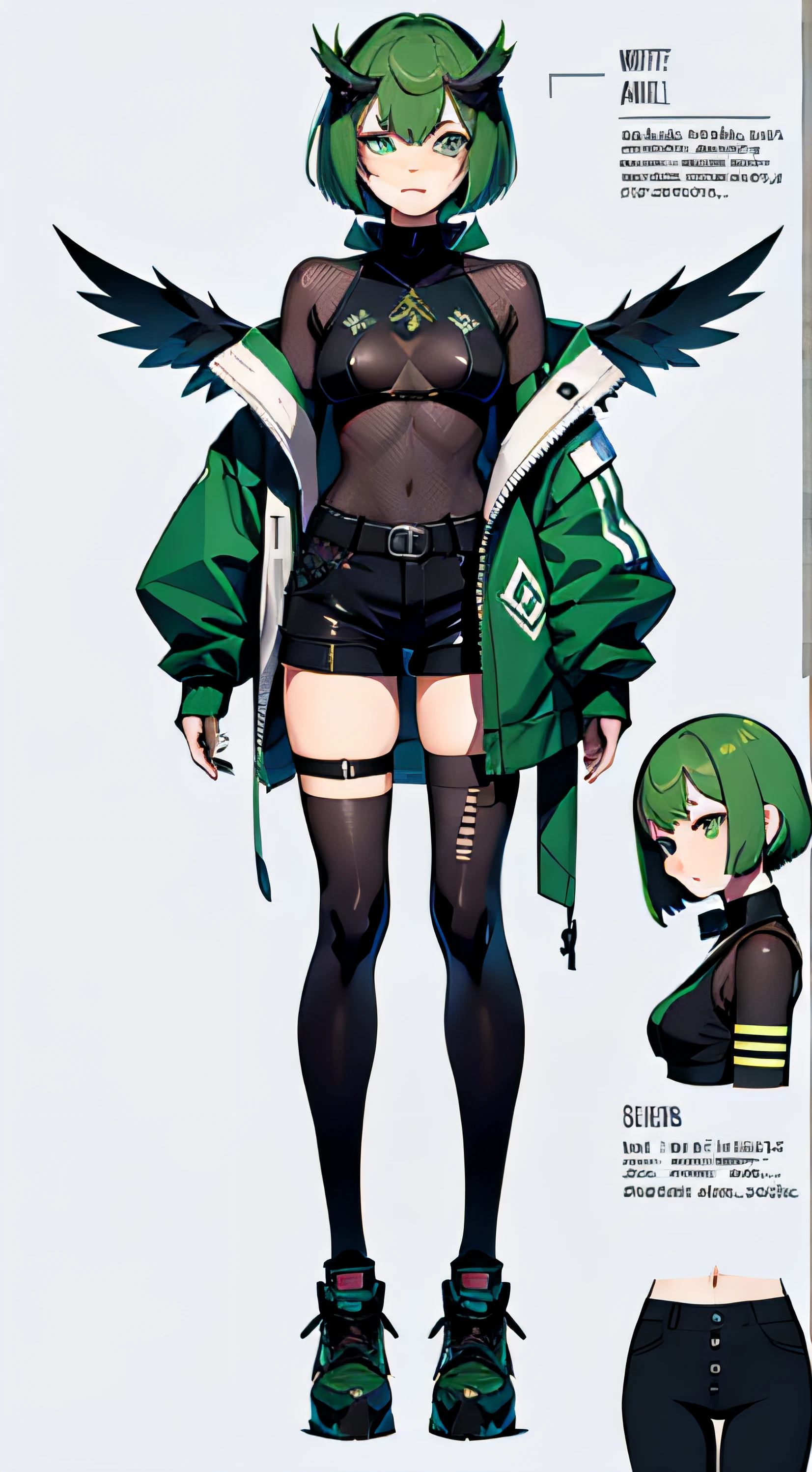 "character reference sheet, A owl girl female character with bob cut dark green hair, dressed in Arknights-inspired attire. She is depicted in a frontal view, showing her full body, wearing black shorts and no shirt, . No background.. vtuber model view"