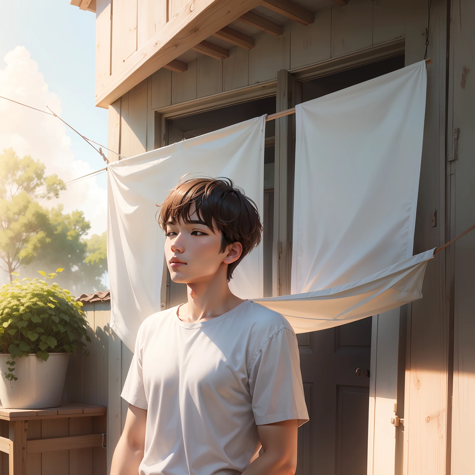 Young man hanging laundry outdoors、Sunnyday、Natural sunlight、realistic illustration、Refreshing illustrations