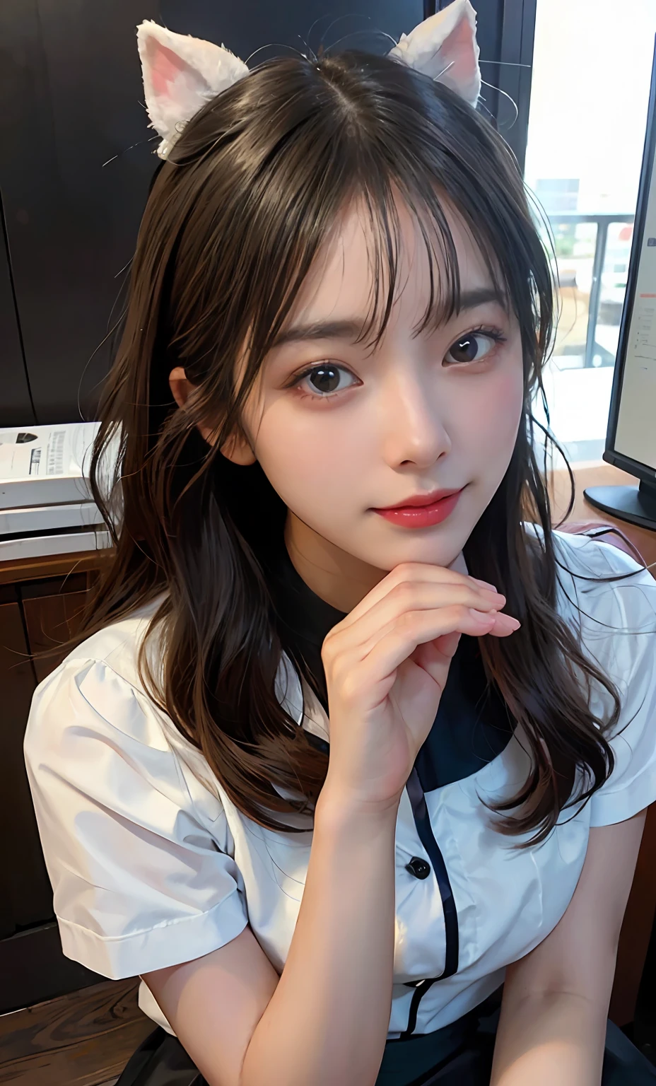 (RAW photos:1.2),high high quality,beautiful details girl,bunnygirl,ssmile,Highly detailed eyes and face,beatiful detailed eyes,hugefilesize,A high resolution,A high resolution,8k wallpaper,finely detailled,Highly detailed stock code uniform 8k wallpaper,light in face,cinmatic lighting, girl,pleatedskirt,A sexy pose,(photo-realism:1.4),illustratio,ultra-realistic realism, look from down,super detailing,tmasterpiece